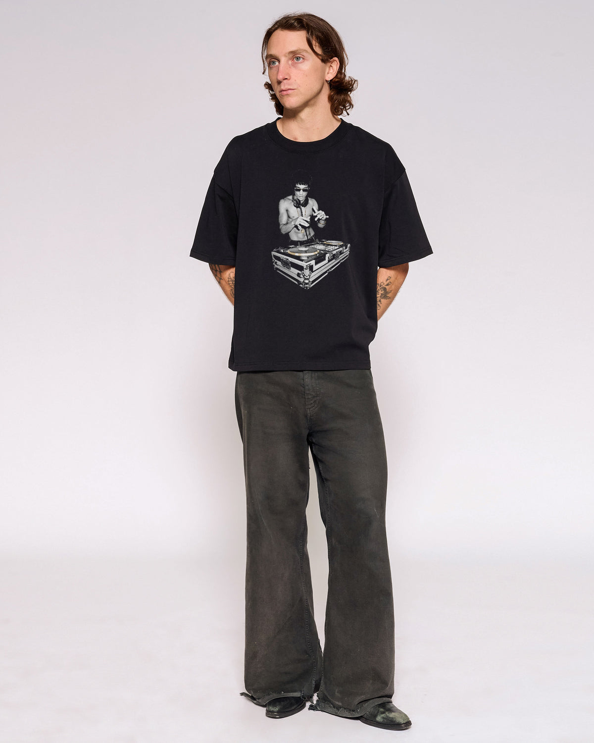 DJ Bruce Lee Black Oversized Crop Tee Full-Body