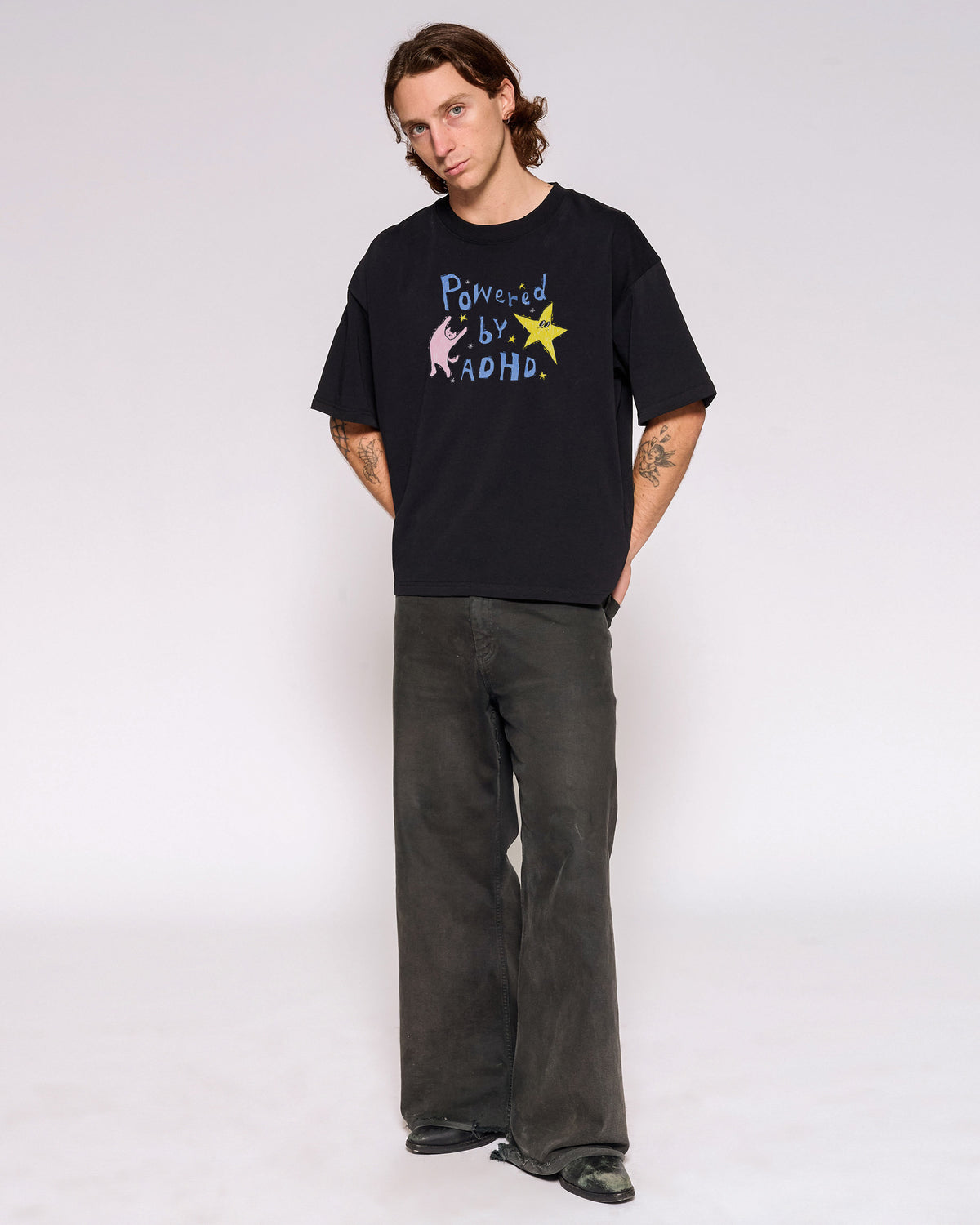 Powered by ADHD Black Oversized Crop Tee Full-Body