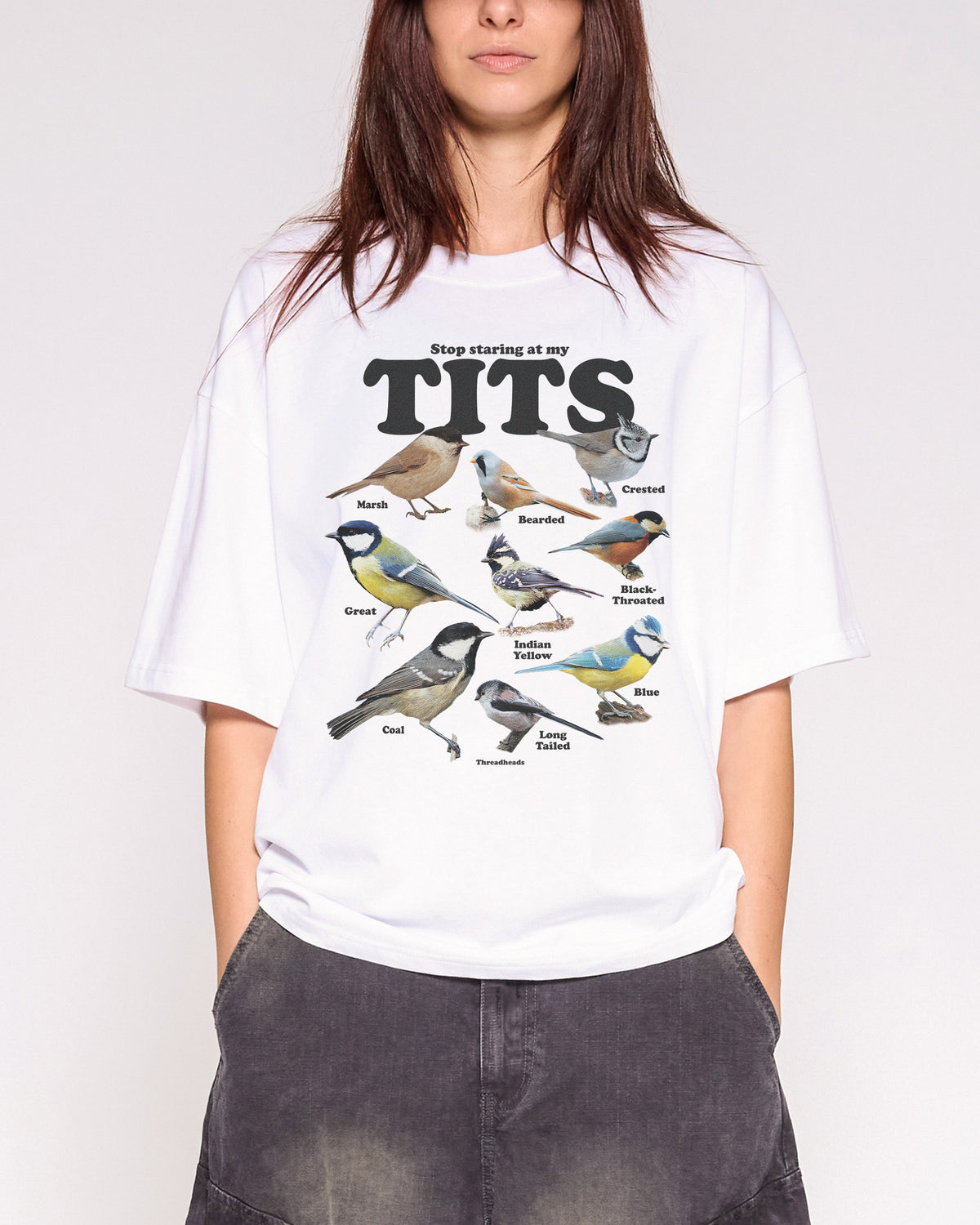 Stop Staring At My Tits White Oversized Crop Tee Close-Up