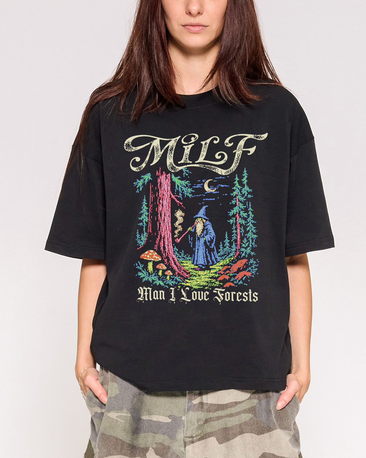 Man I Love Forests Black Oversized Crop Tee Close-Up