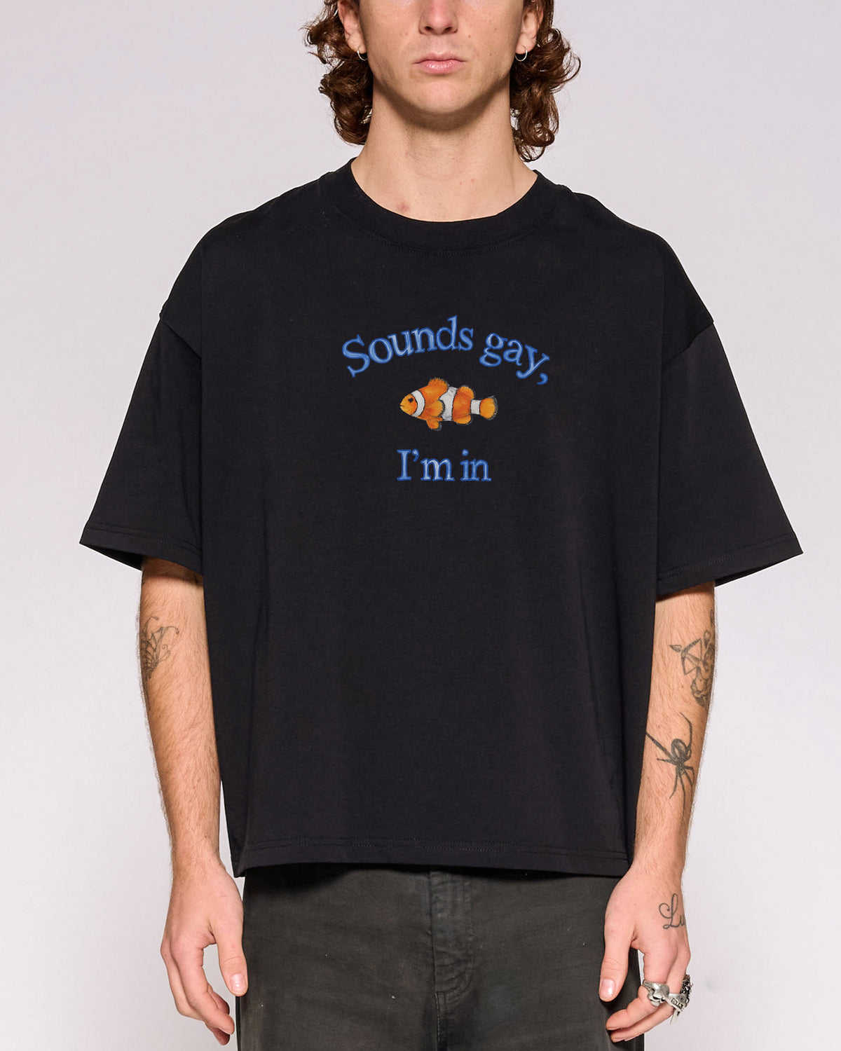 Sounds Gay, I'm In Black Oversized Crop Tee Close-Up