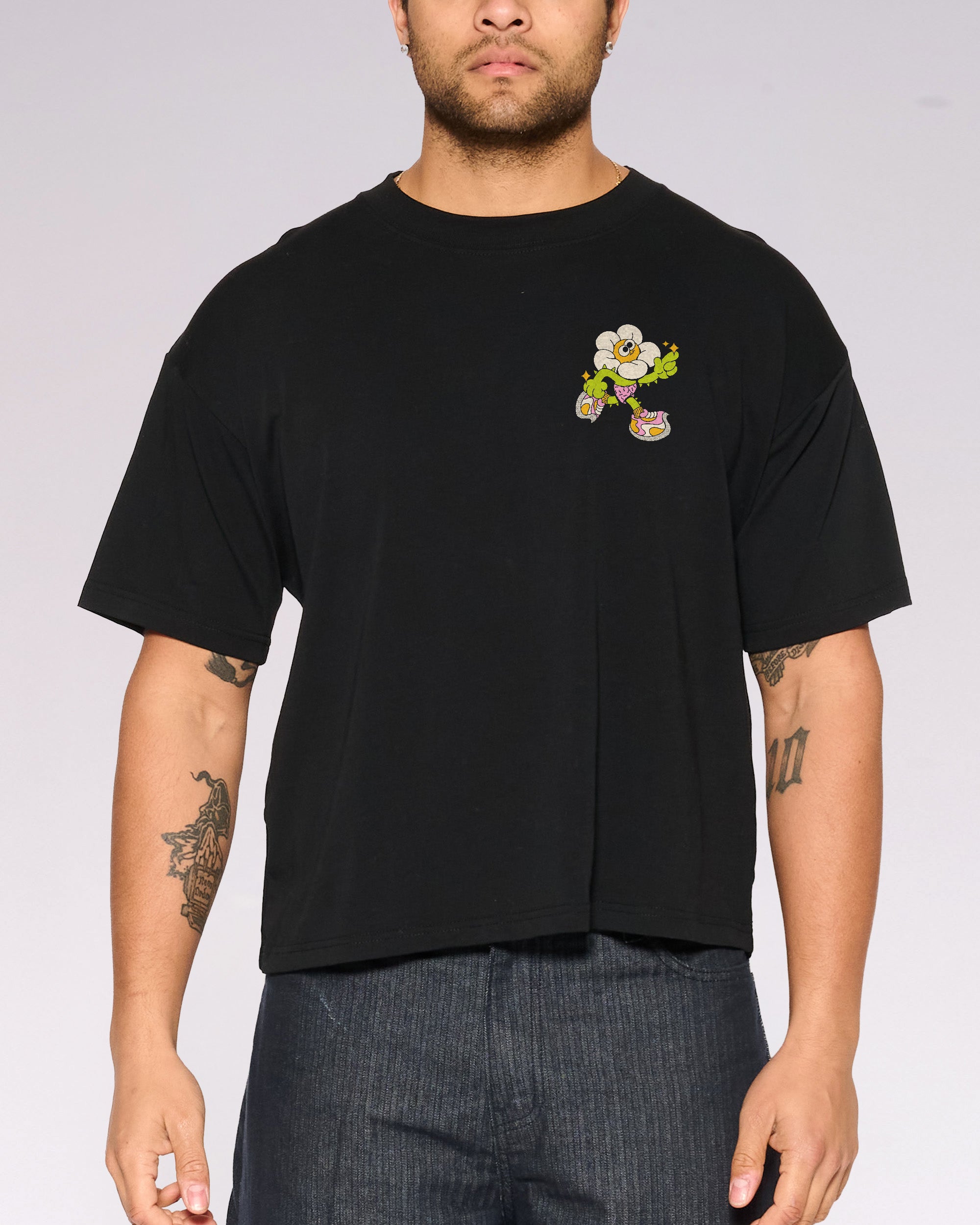 Among the Daisies Black Oversized Crop Tee
