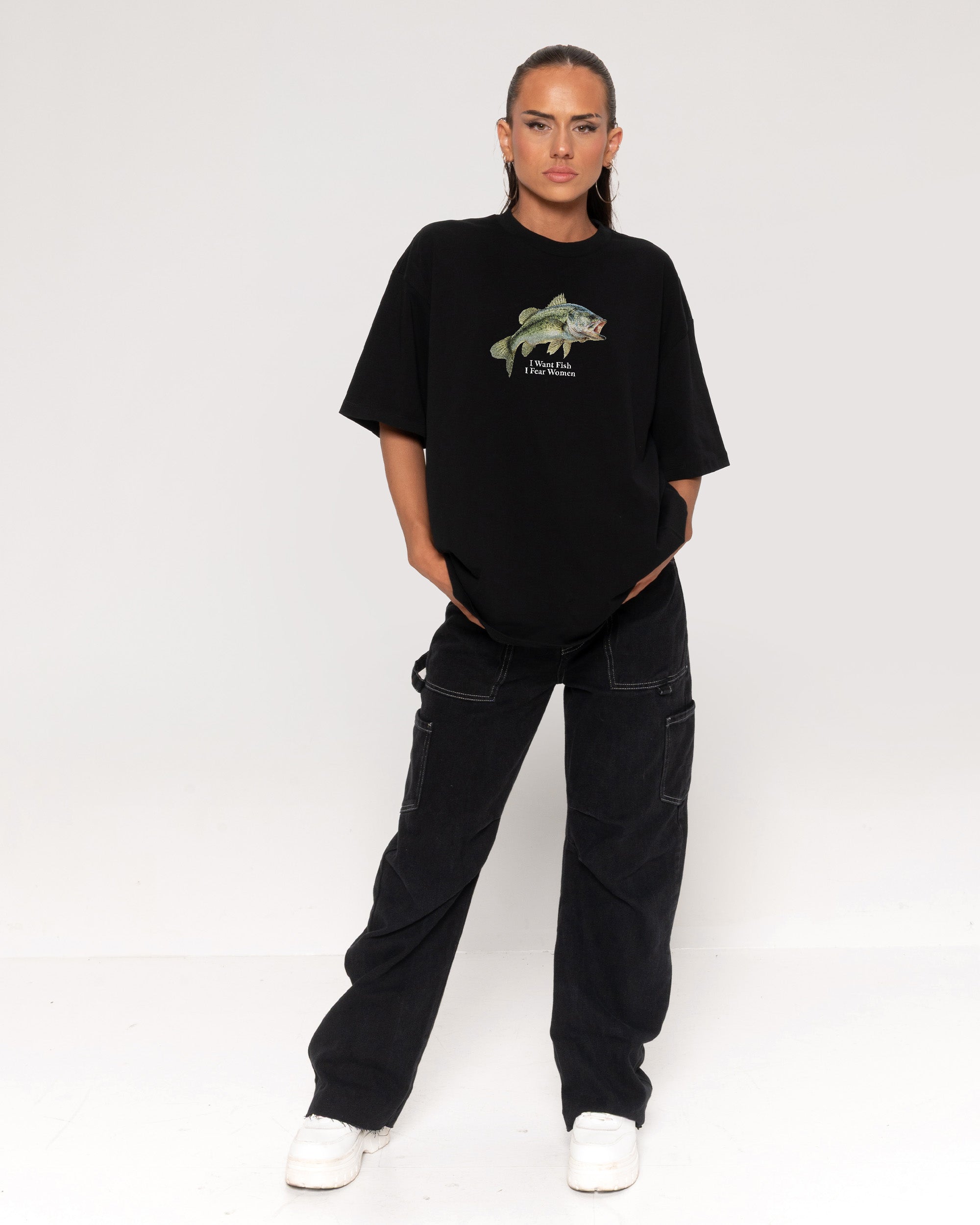 I Want Fish,I Fear Women Black Oversized Tee