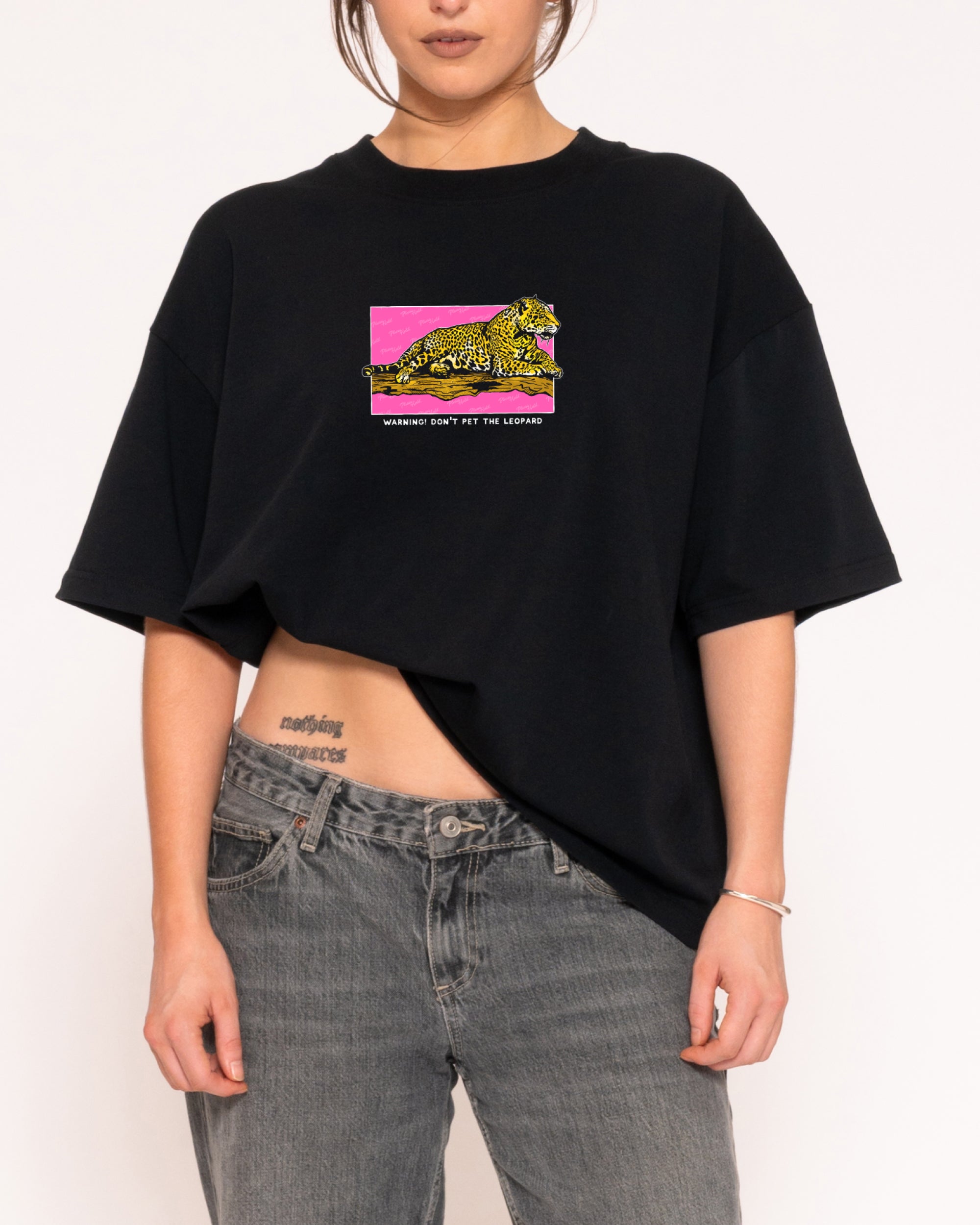 Warning! Don't Pet The Leopard Black Boxy Crop Tee