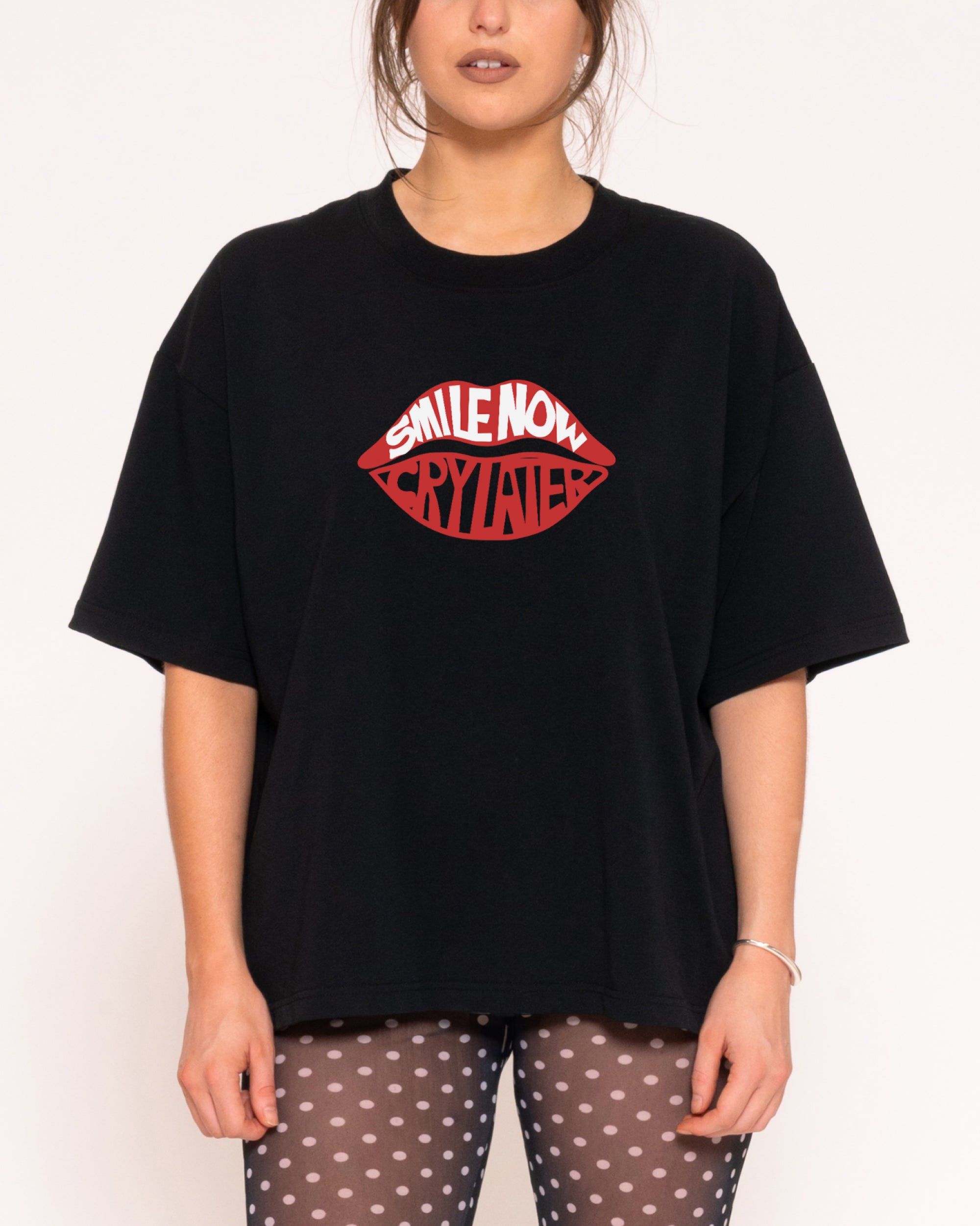 Smile More, Cry Later Black Boxy Crop Tee