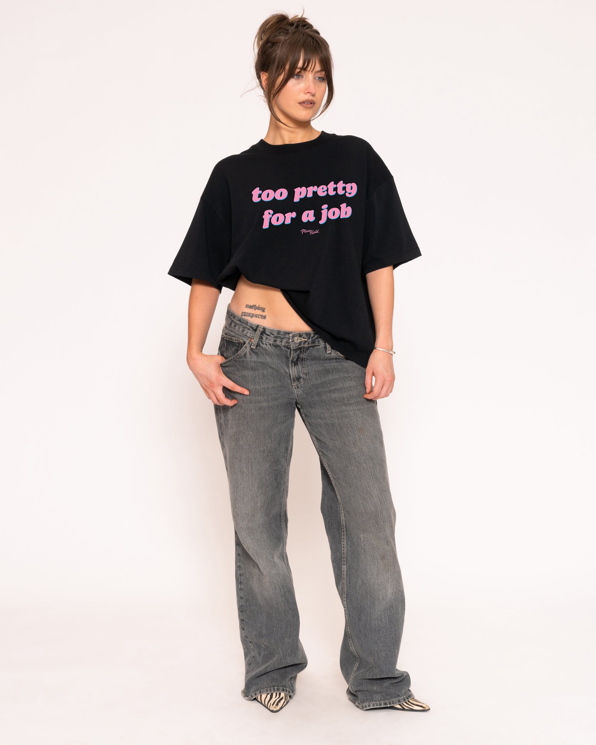 Too Pretty For A Job Black Boxy Crop Tee