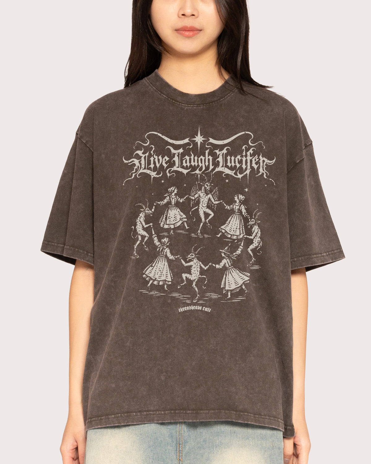 Life Live Laugh Lucifer Grey Stone Oversized Tee