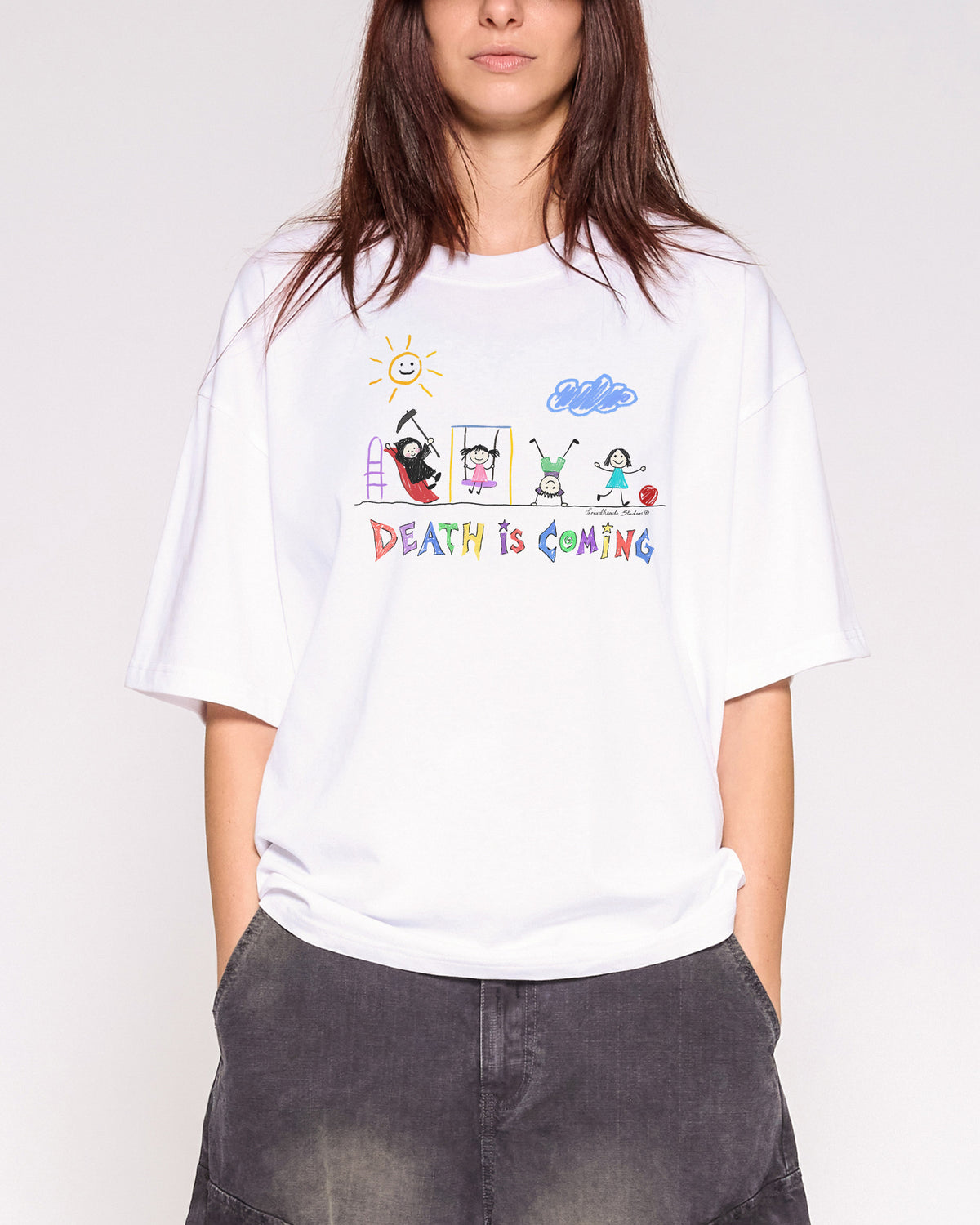 Death is Coming White Oversized Crop Tee