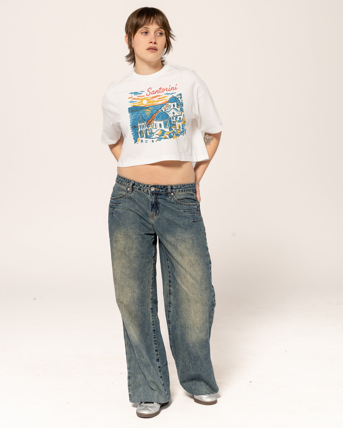 Santorini Sunset White Crop Tee