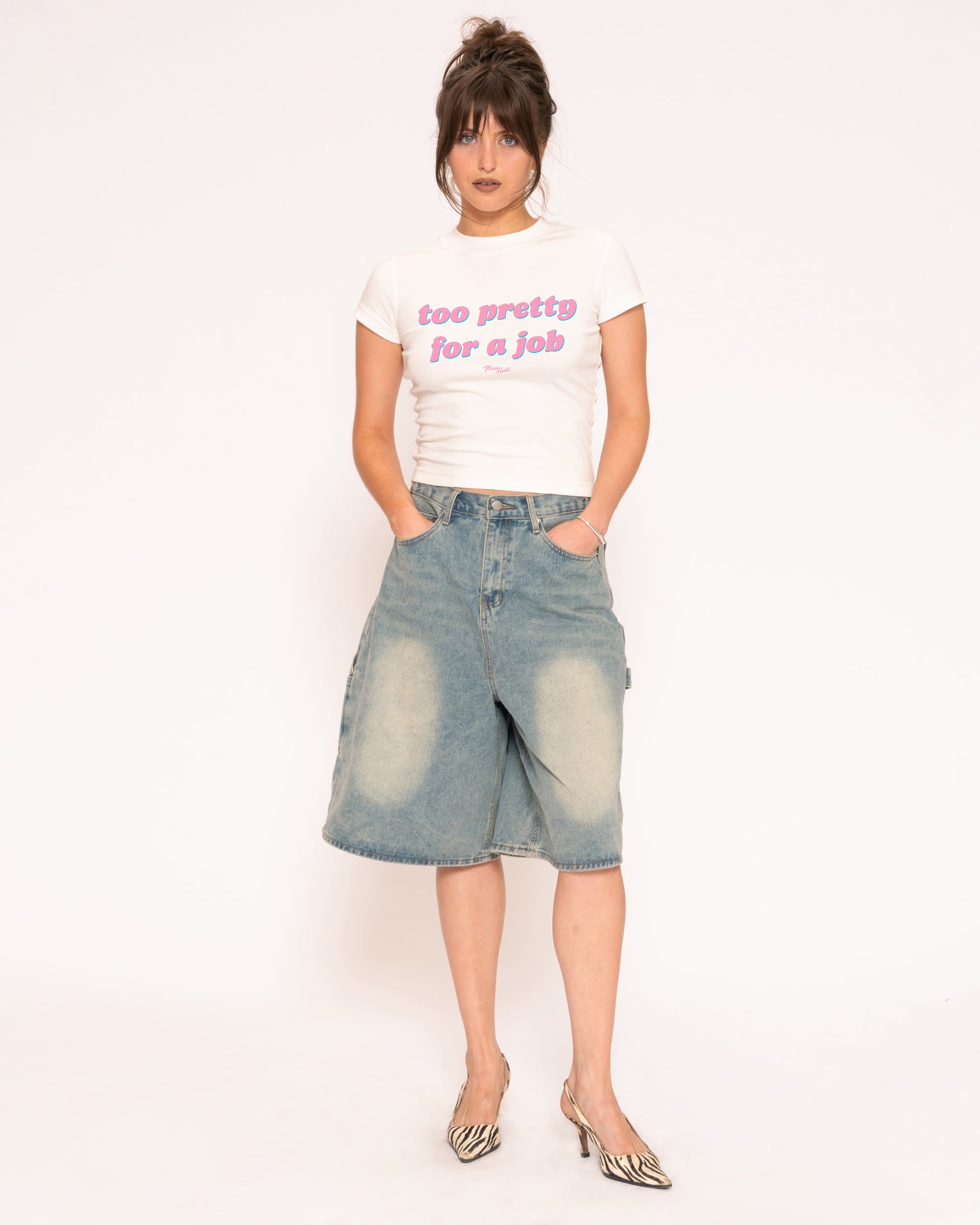 Too Pretty For A Job White Longline Baby Tee