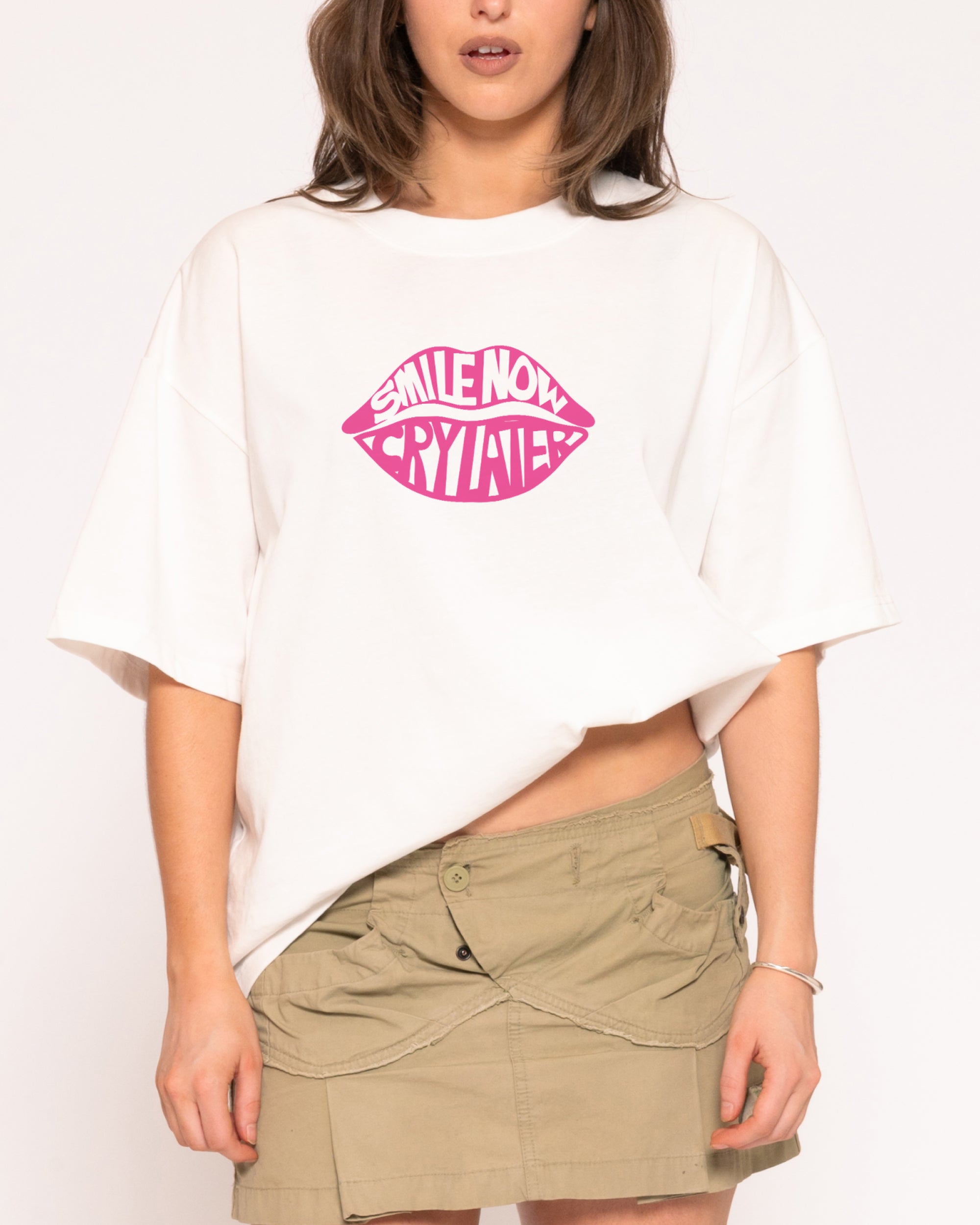 Smile More, Cry Later White Boxy Crop Tee