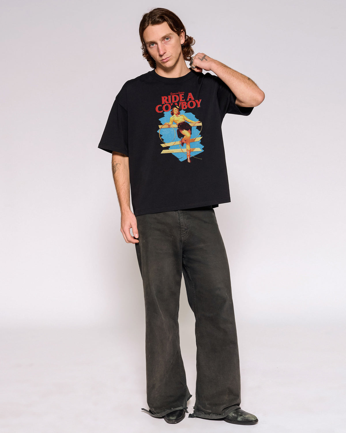 Save a Horse, Ride a Cowboy Black Oversized Crop Tee Full-Body