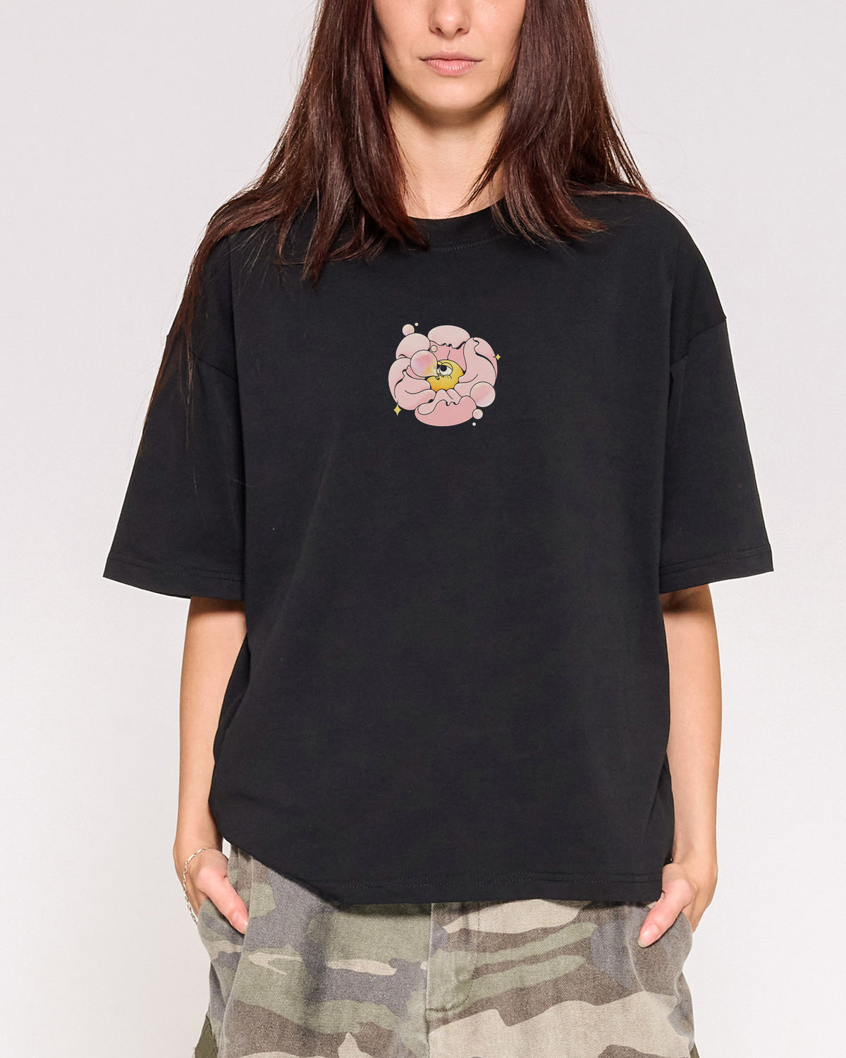 Bubble Blossom Black Oversized Crop Tee Close-Up