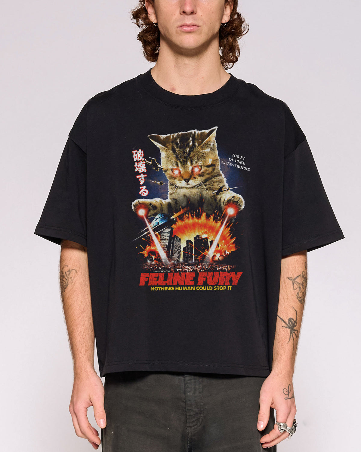 Feline Fury Black Oversized Crop Tee Close-Up