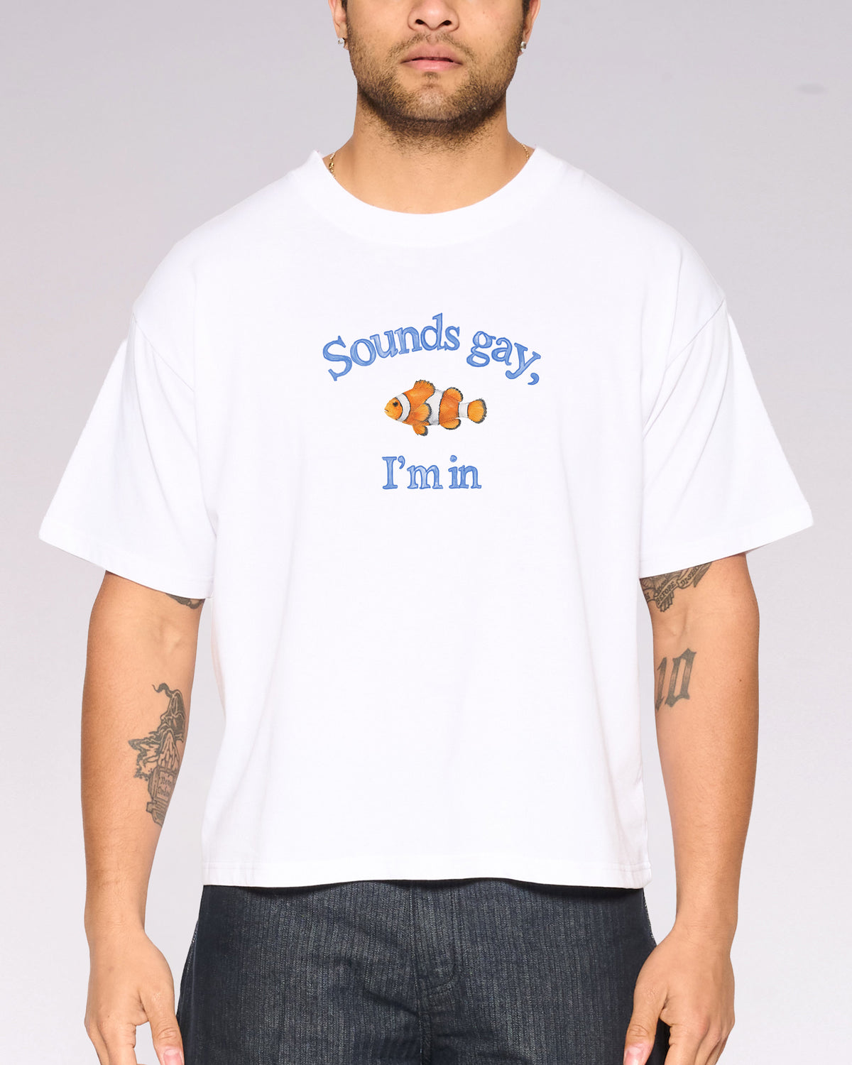 Sounds Gay, I'm In White Oversized Crop Tee Close-Up