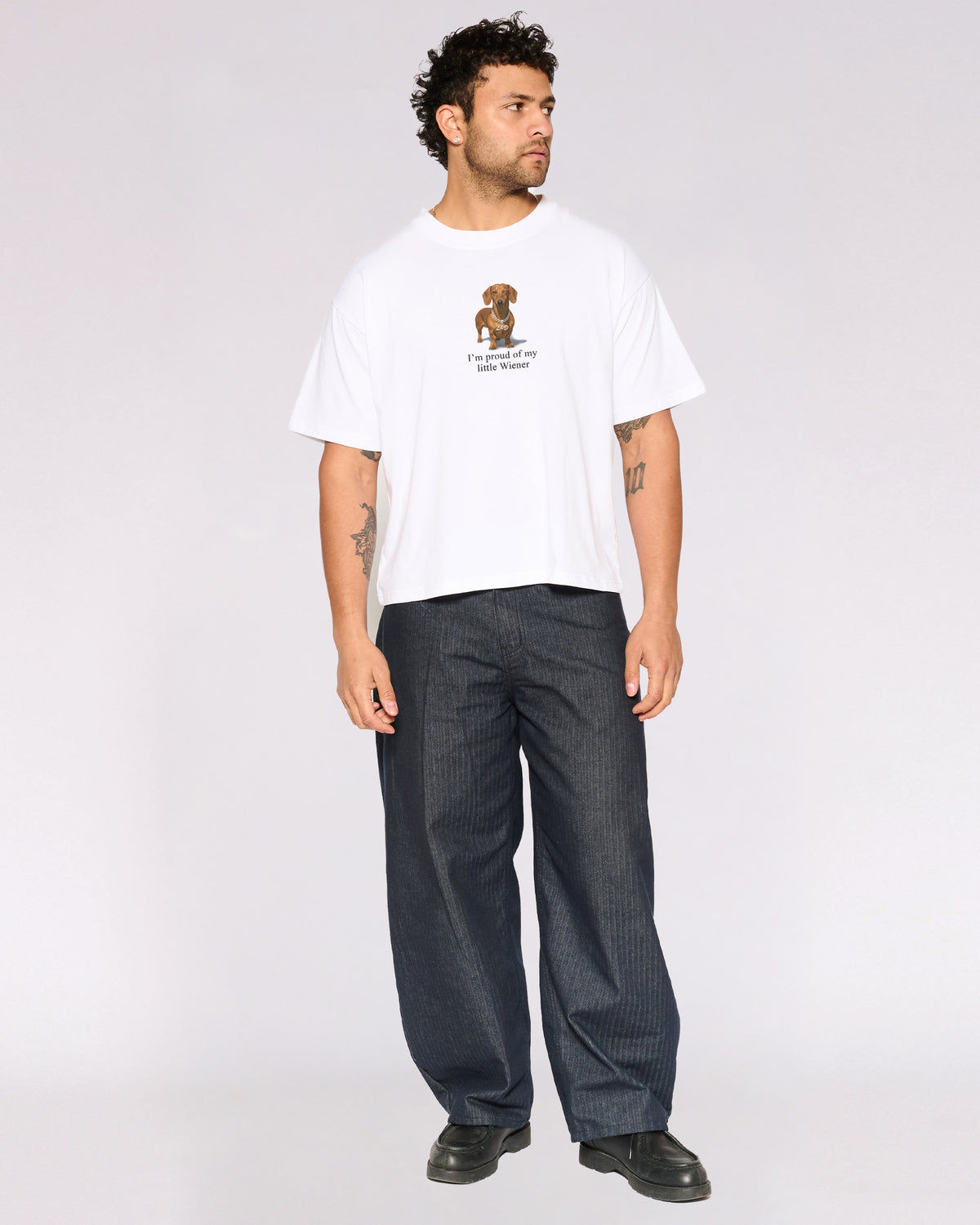 Little Wiener White Oversized Crop Tee Full-Body