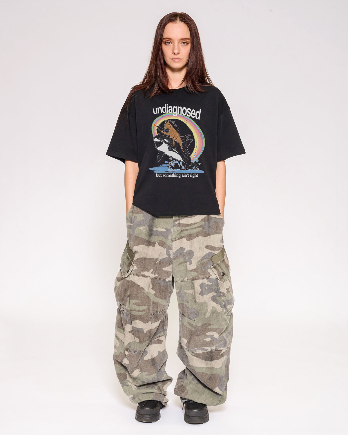 Undiagnosed Black Oversized Crop Tee Full-Body