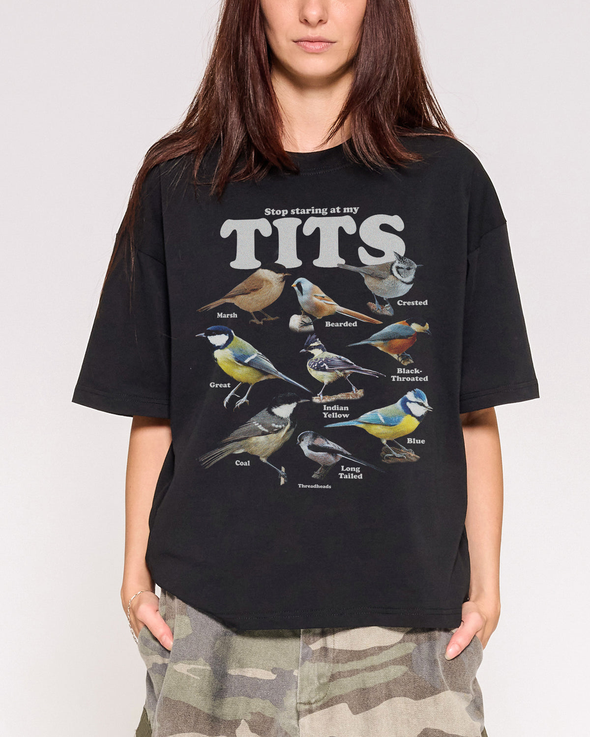 Stop Staring At My Tits Black Oversized Crop Tee Close-Up