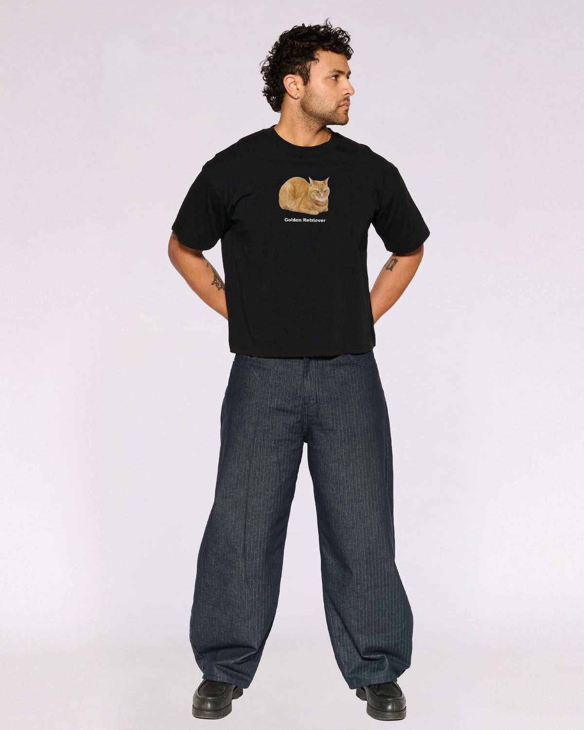Golden Retriever Black Oversized Crop Tee Full-Body