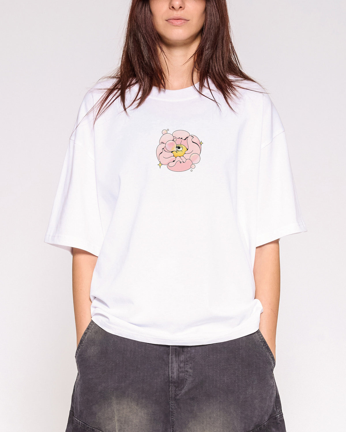 Bubble Blossom White Oversized Crop Tee Close-Up