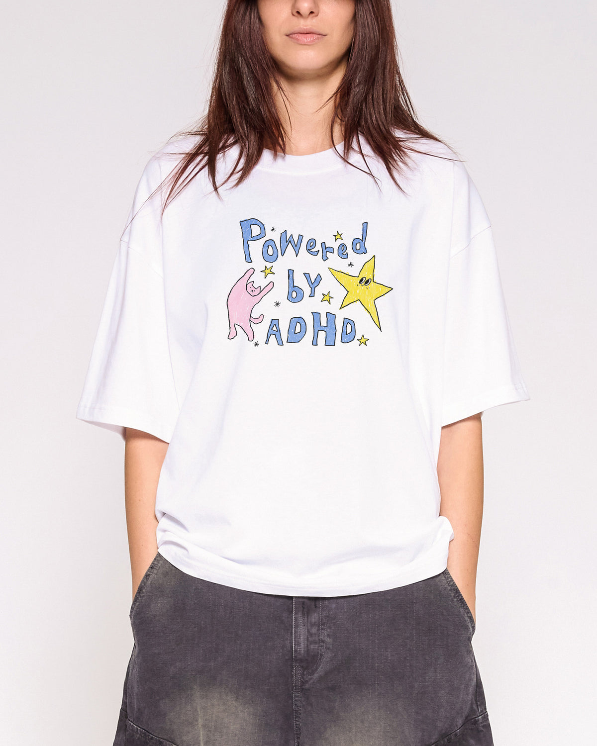 Powered by ADHD White Oversized Crop Tee Close-Up