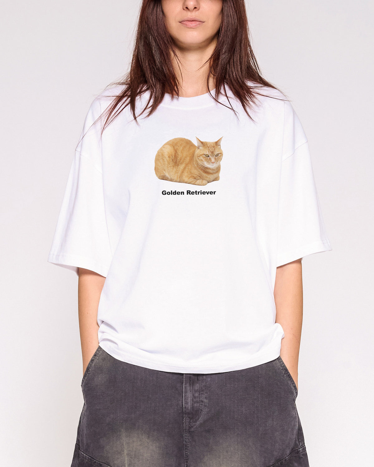 Golden Retriever White Oversized Crop Tee Close-Up