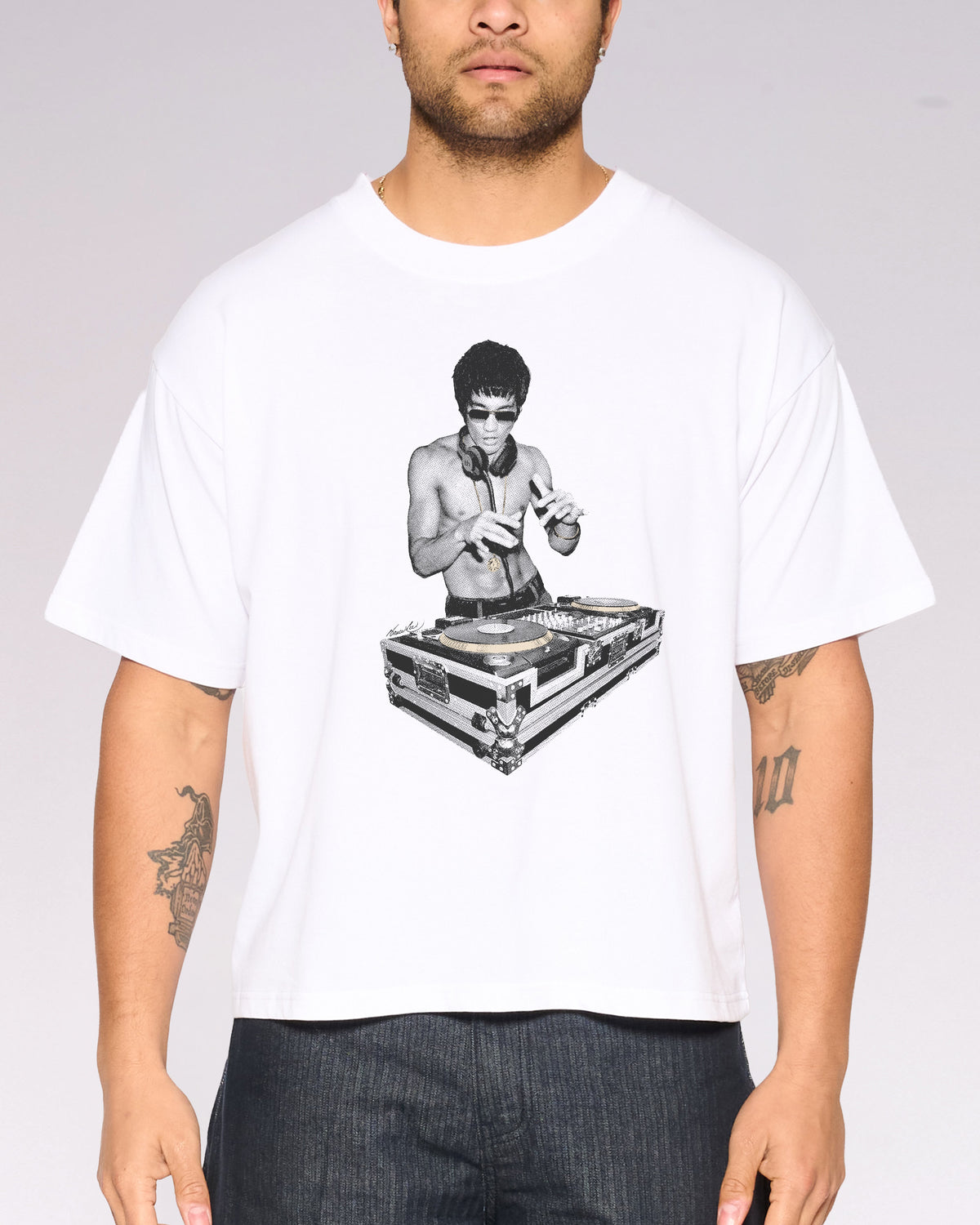 DJ Bruce Lee White Oversized Crop Tee Close-Up