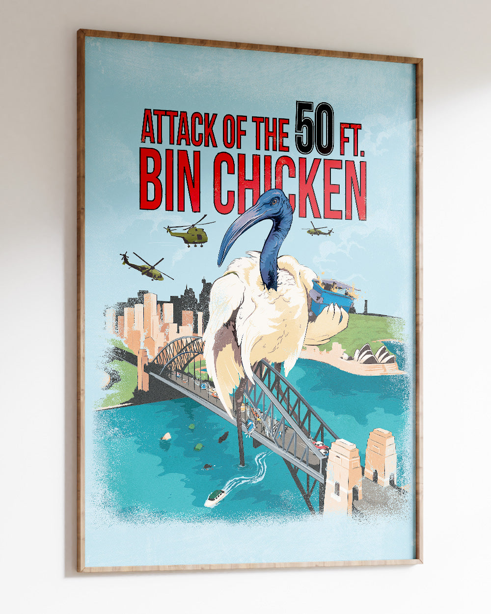 Attack of the 50ft Bin Chicken Art Print Australia Online #colour_blue