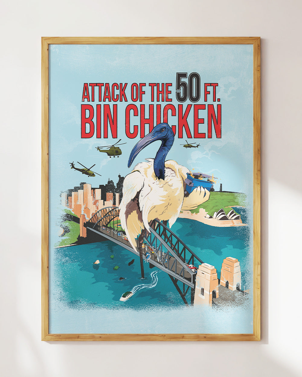 Attack of the 50ft Bin Chicken Art Print Australia Online #colour_blue