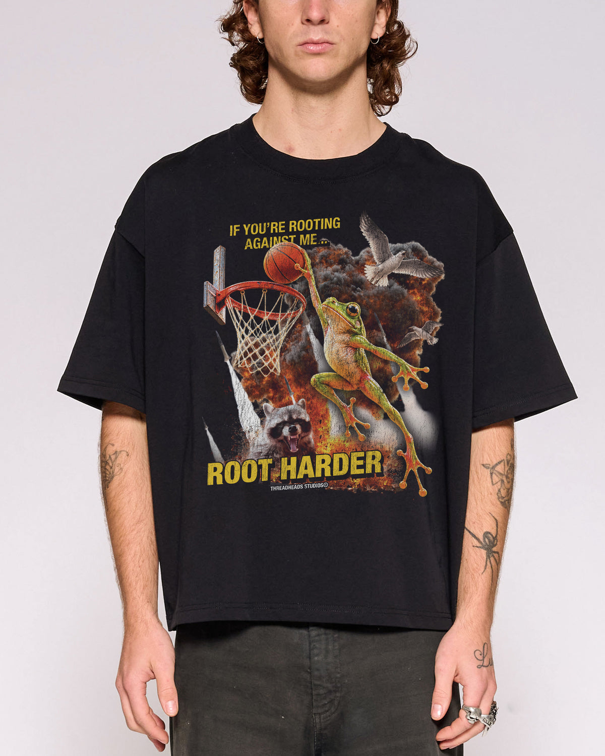 Root Harder Black Oversized Crop Tee