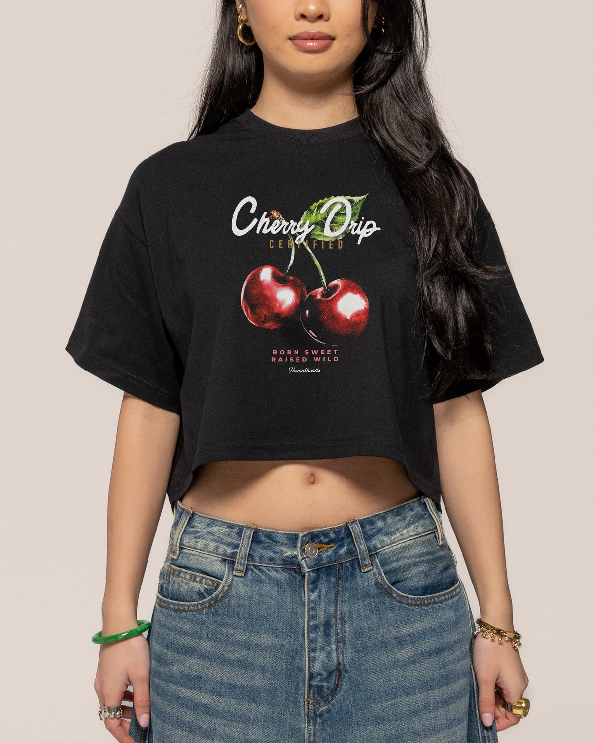 Cherry Drip Black Crop Tee