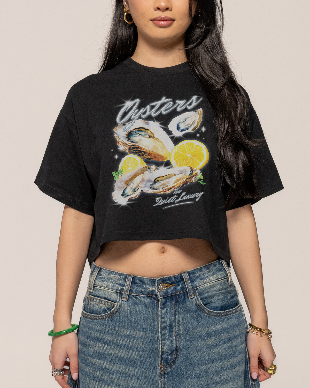 Oysters, The Quiet Luxury Black Crop Tee