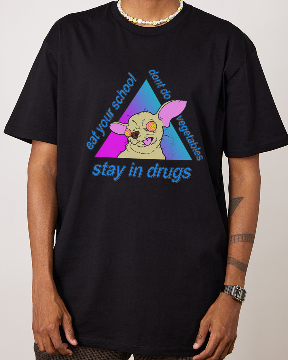 Stay in Drugs, Eat Your School, Don't Do Vegetables T-Shirt Australia Online #colour_black