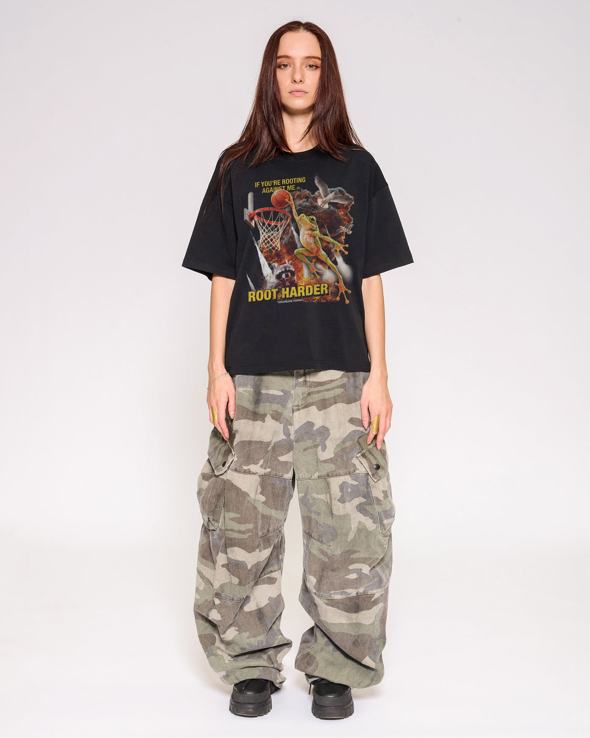 Root Harder Black Oversized Crop Tee