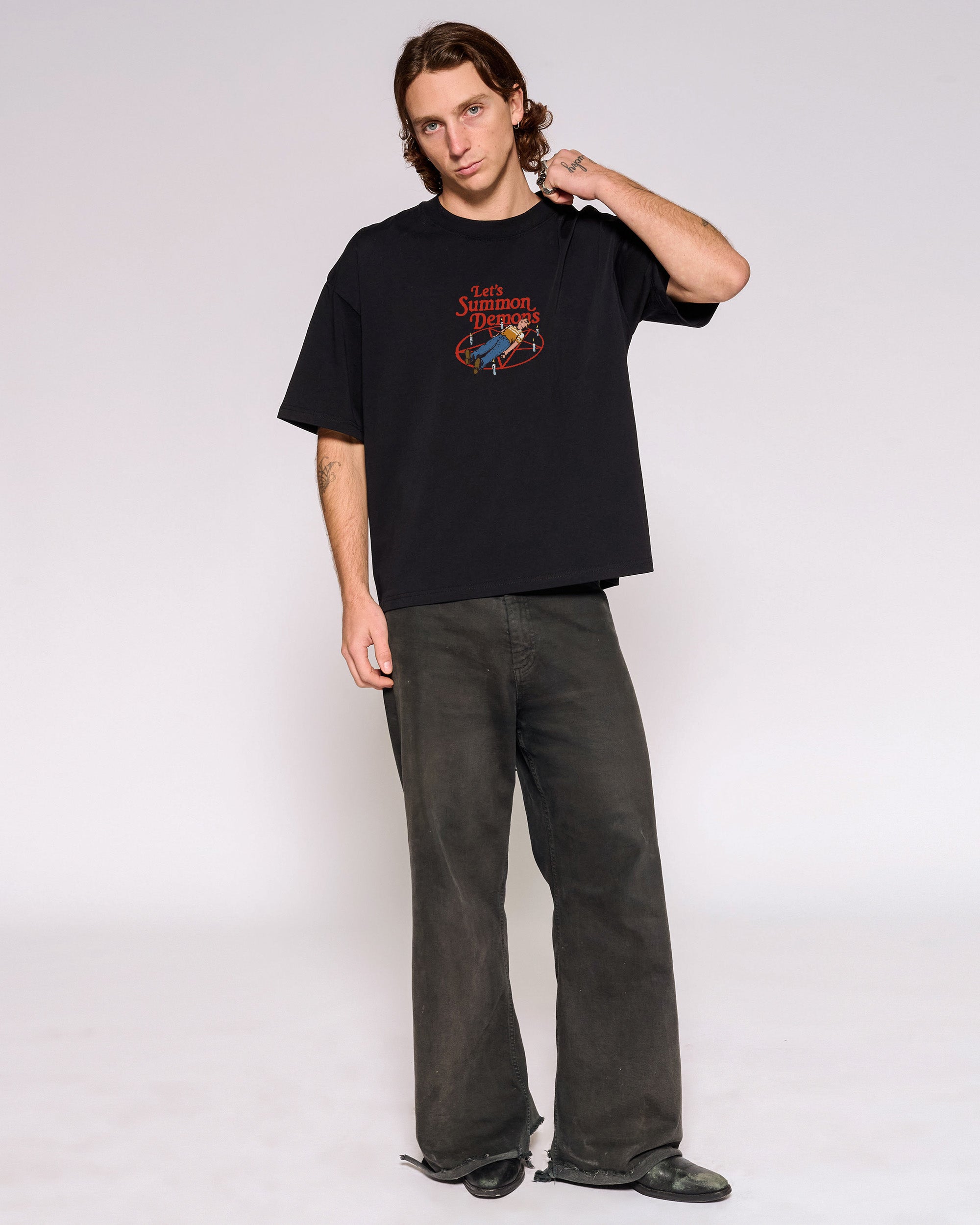 Let's Summon Demons Black Oversized Crop Tee