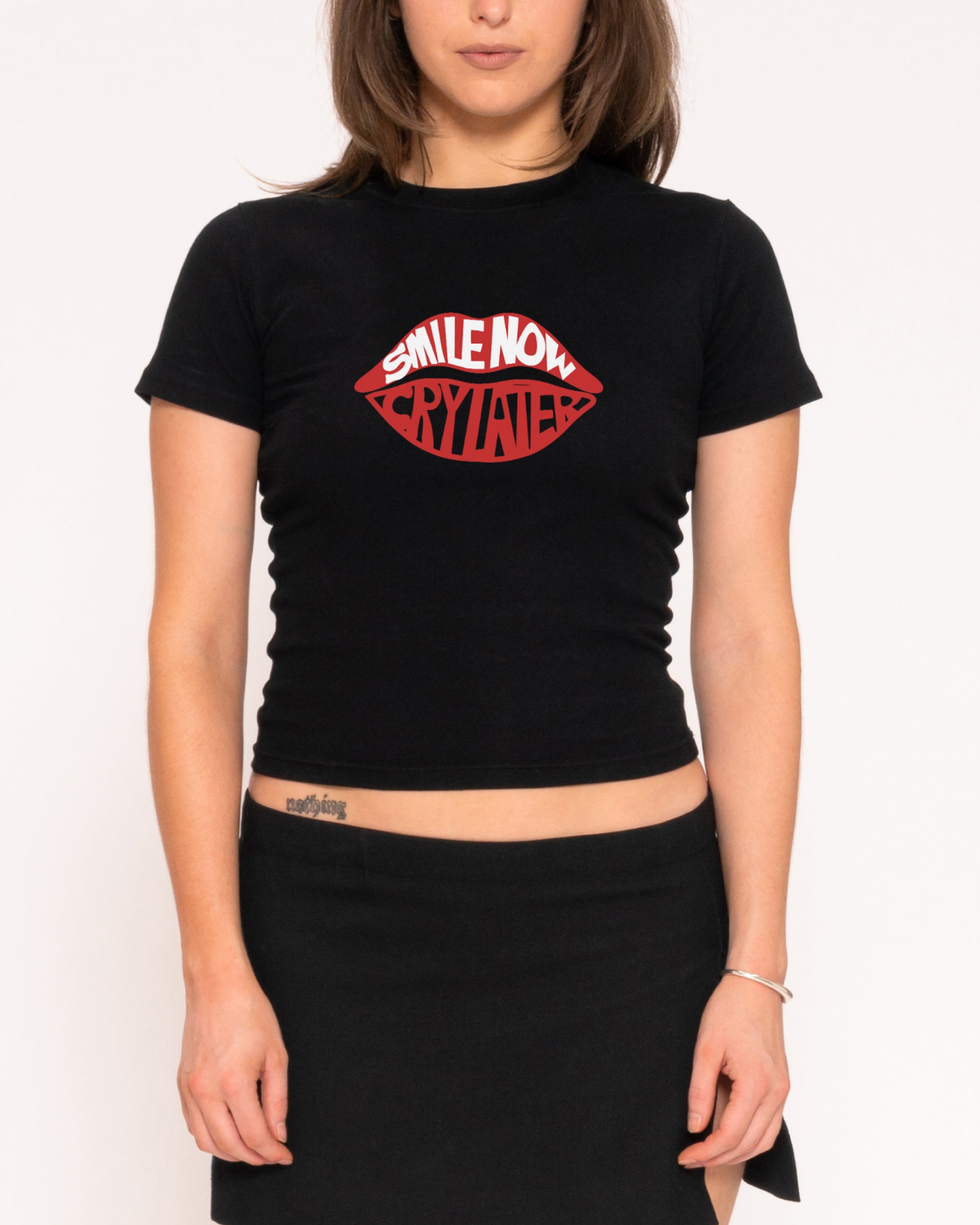Smile More, Cry Later Black Longline Baby Tee