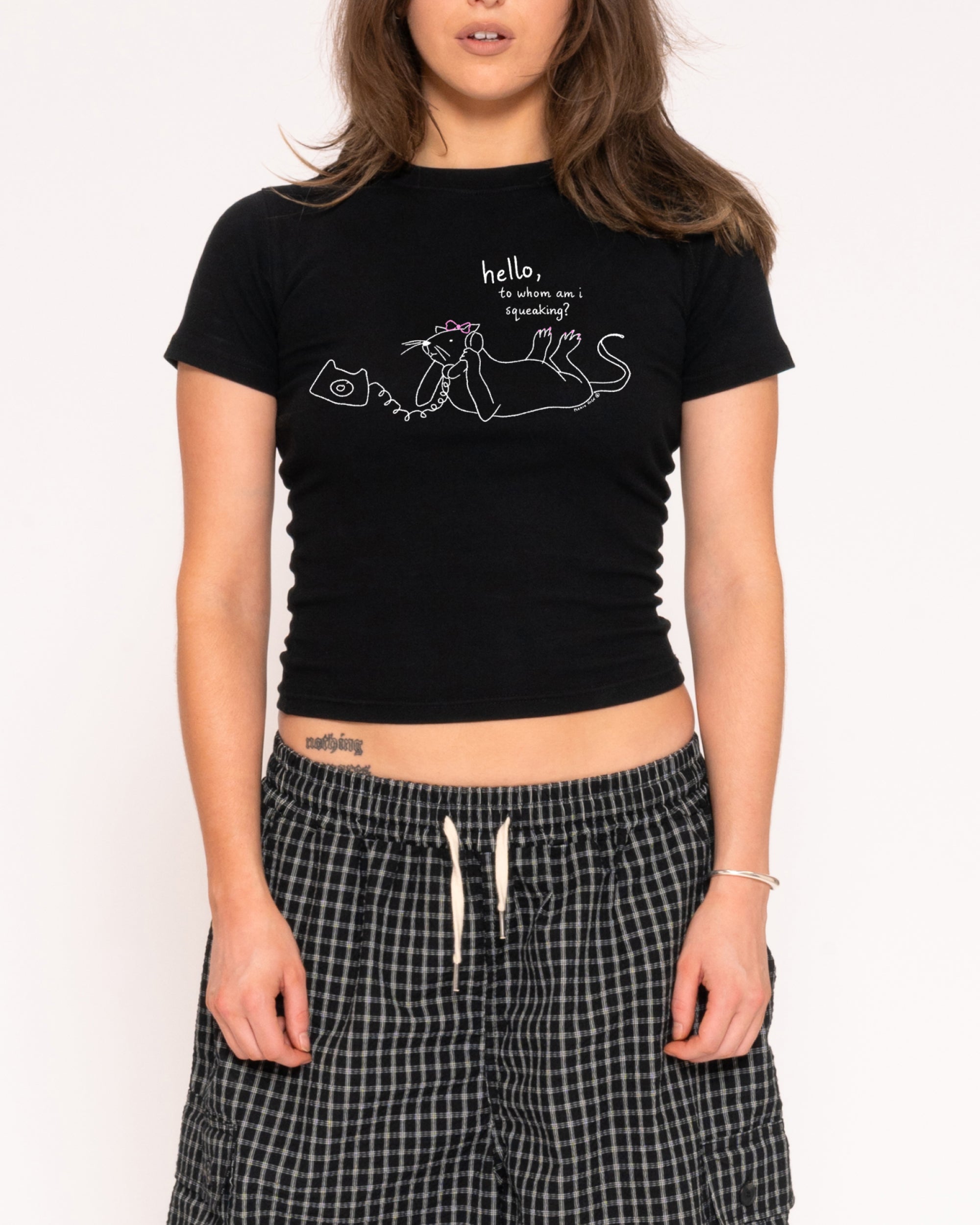 Hello, to Whom Am I Squeaking? Black Longline Baby Tee