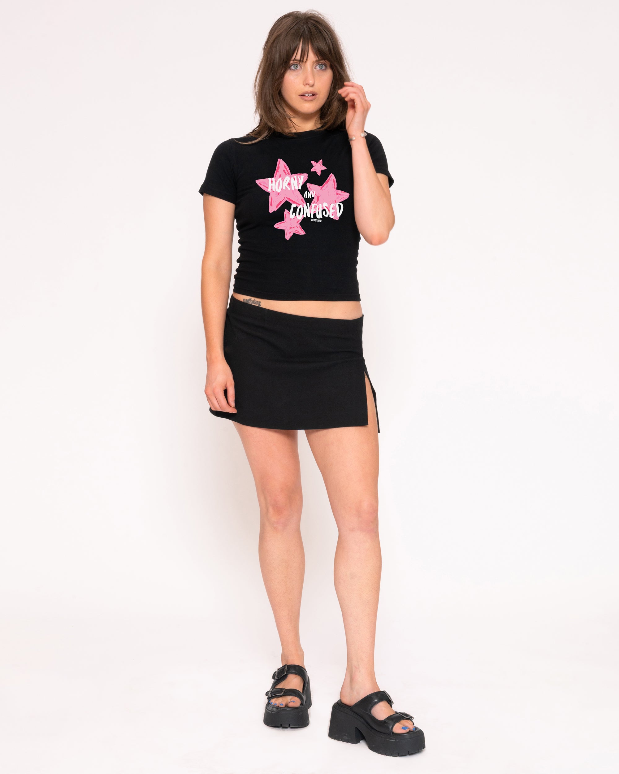 Horny & Confused Black Longline Baby Tee