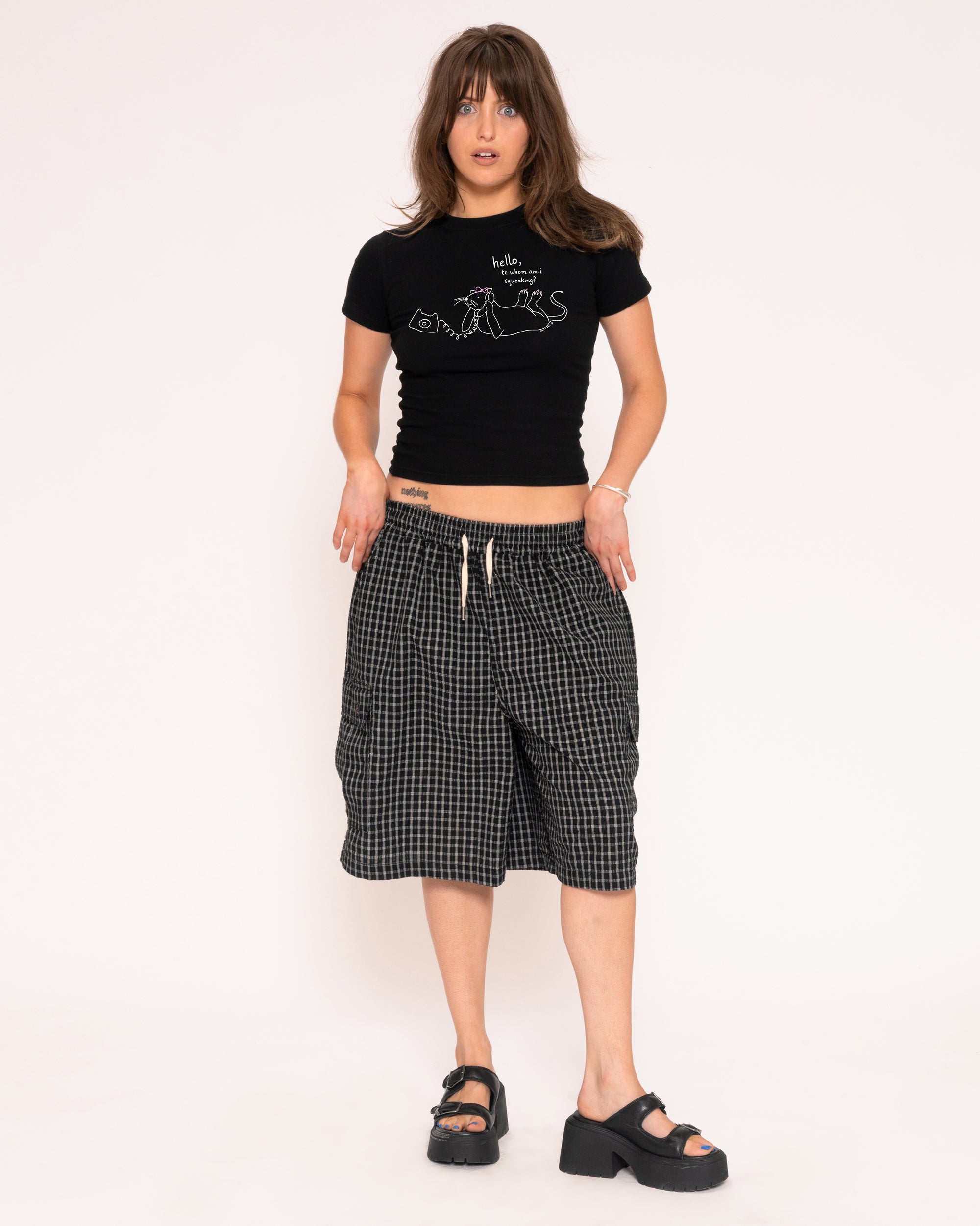 Hello, to Whom Am I Squeaking? Black Longline Baby Tee