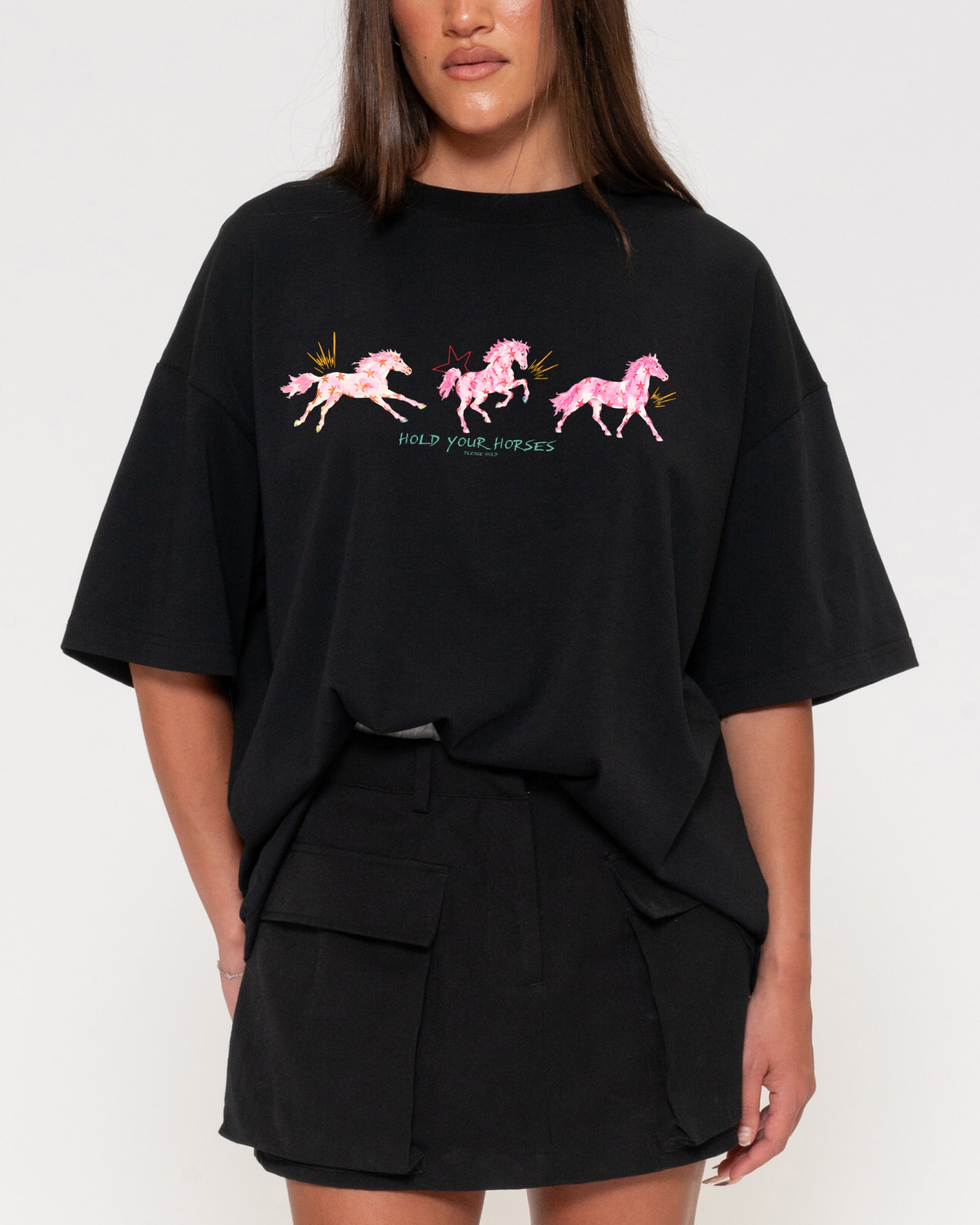 Hold Your Horses Black Boxy Crop Tee