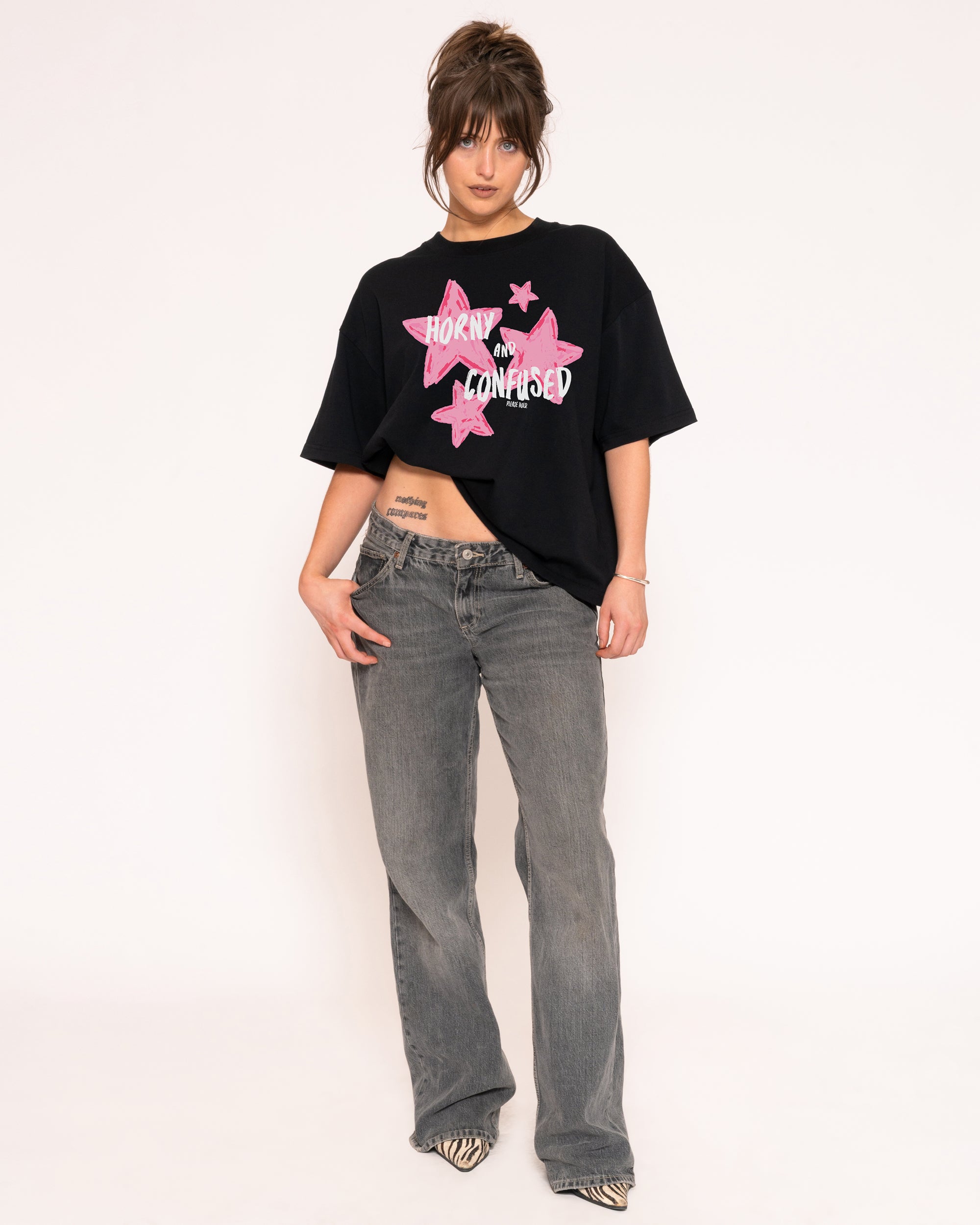 Horny & Confused Black Boxy Crop Tee