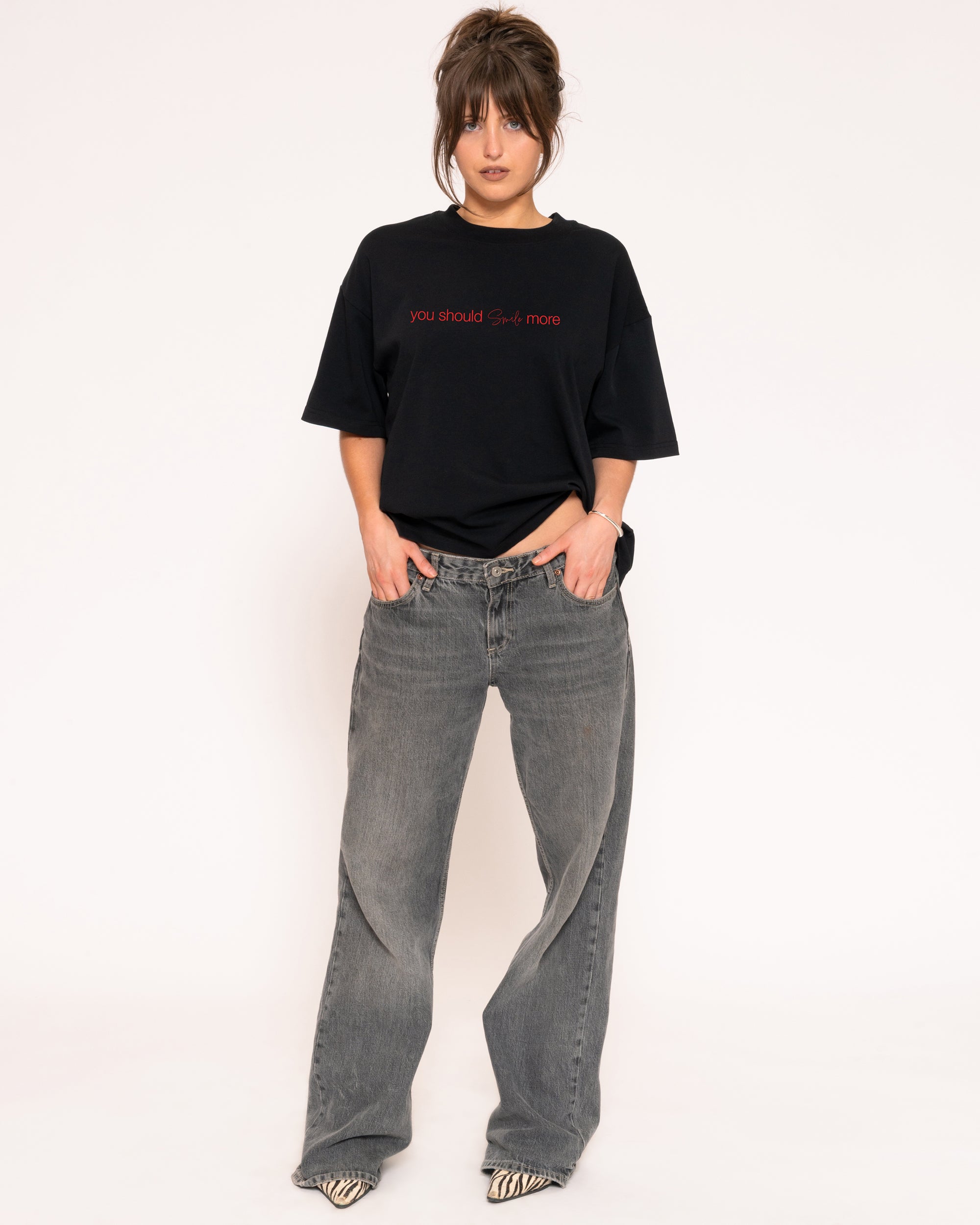 You Should Smile More Black Boxy Crop Tee