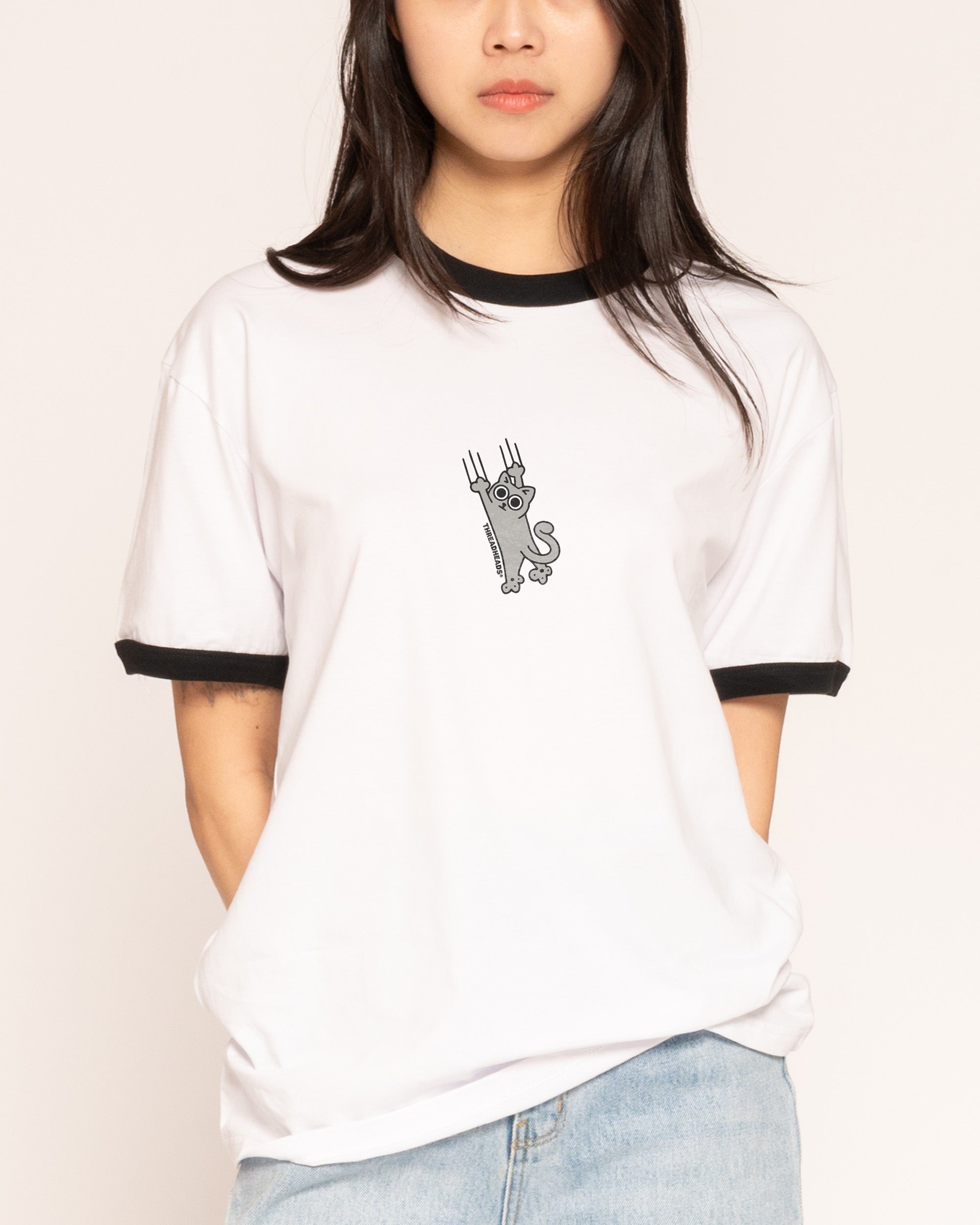 Falling Cat Black Ringer T-Shirt