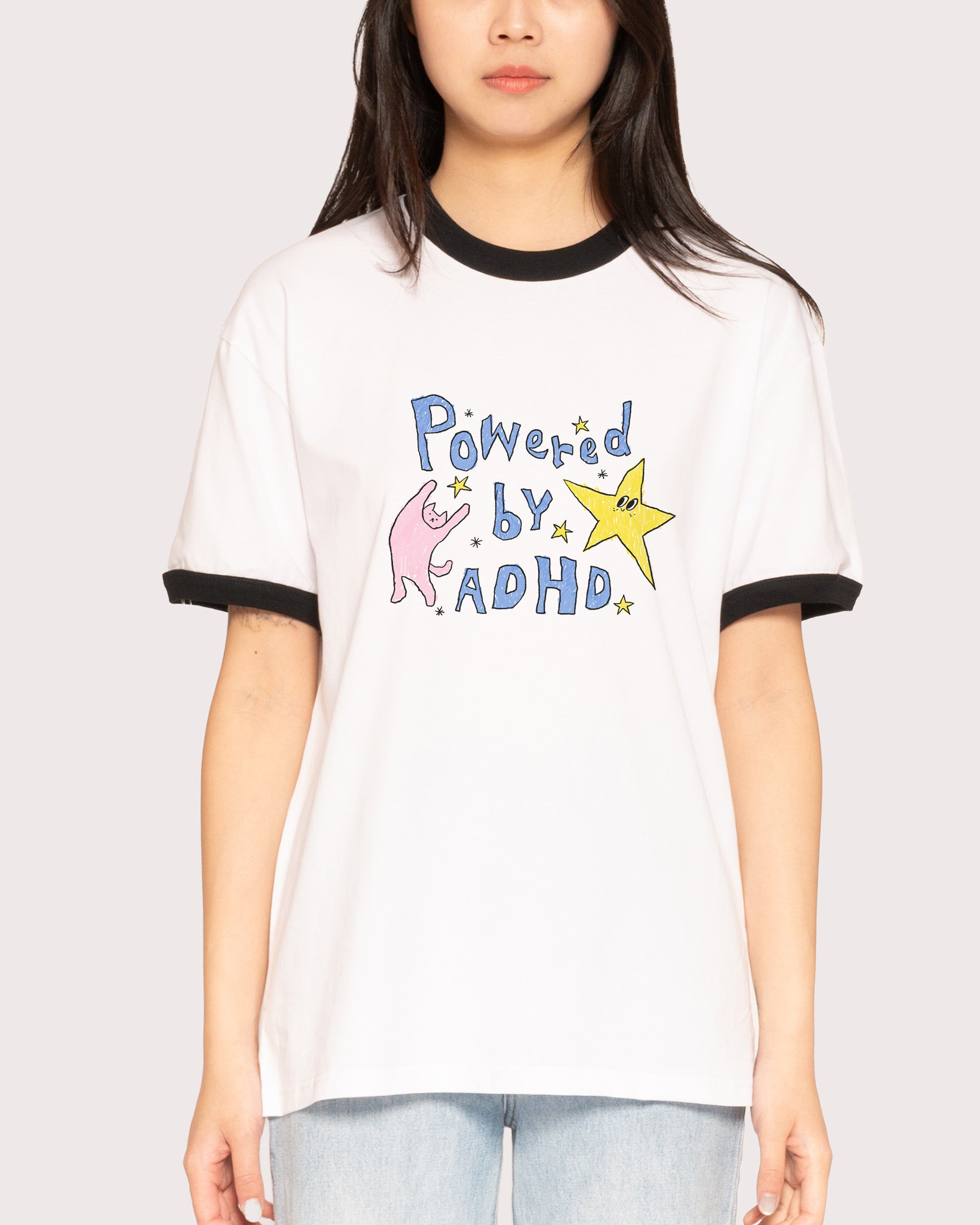 Powered by ADHD Black Ringer T-Shirt