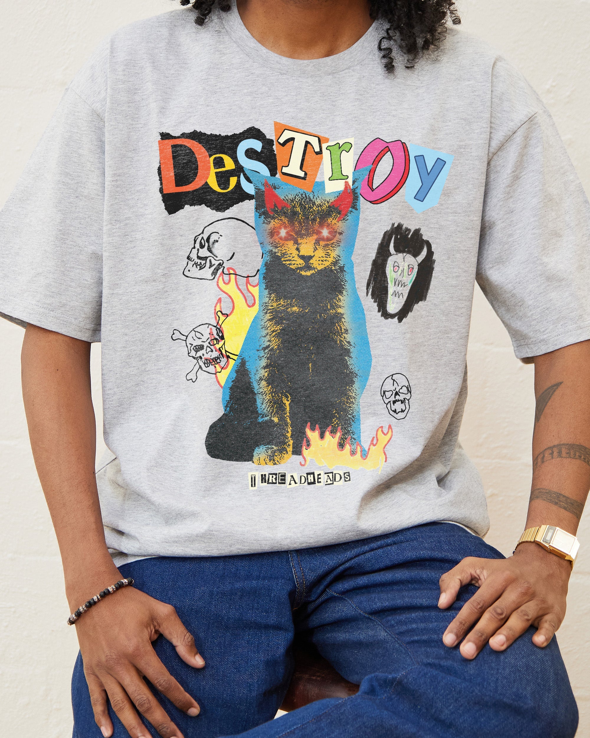 Destroy Cat T-Shirt Australia Online Grey
