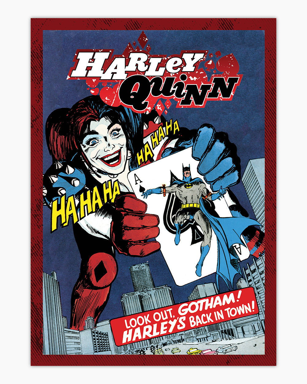 Harley Quinn's Back In Town Art Print #colour_Red