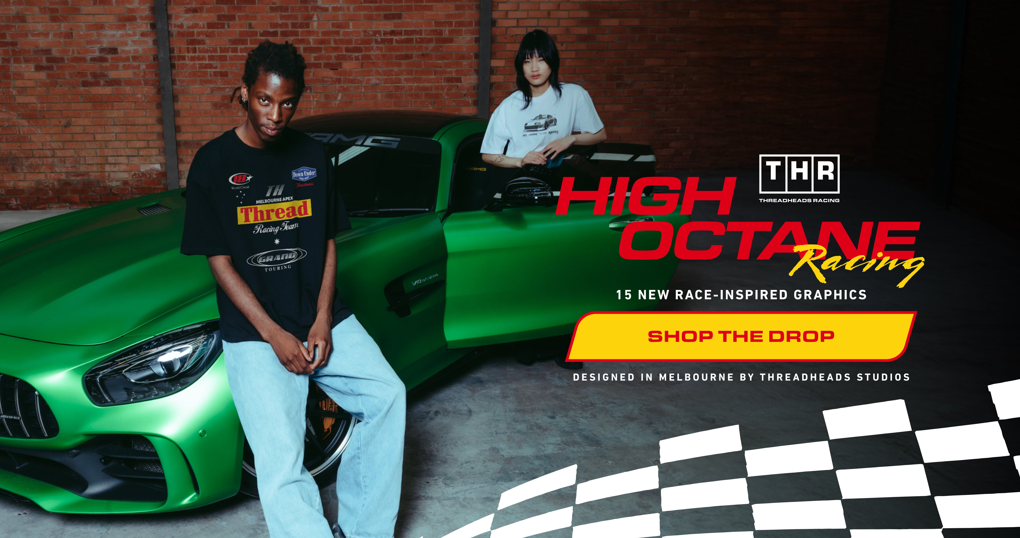 Two people sitting on a green car with 'High Octane Racing' branding in the background.