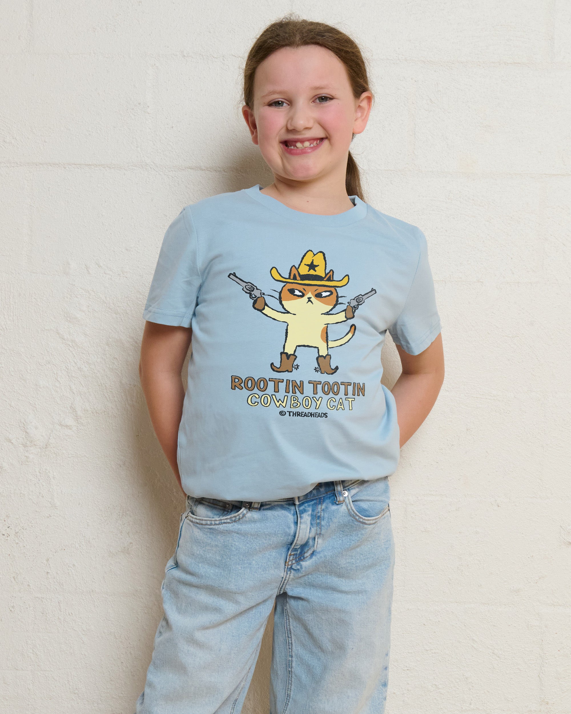 Rootin Tootin Cowboy Cat Pale Blue Kids T-Shirt