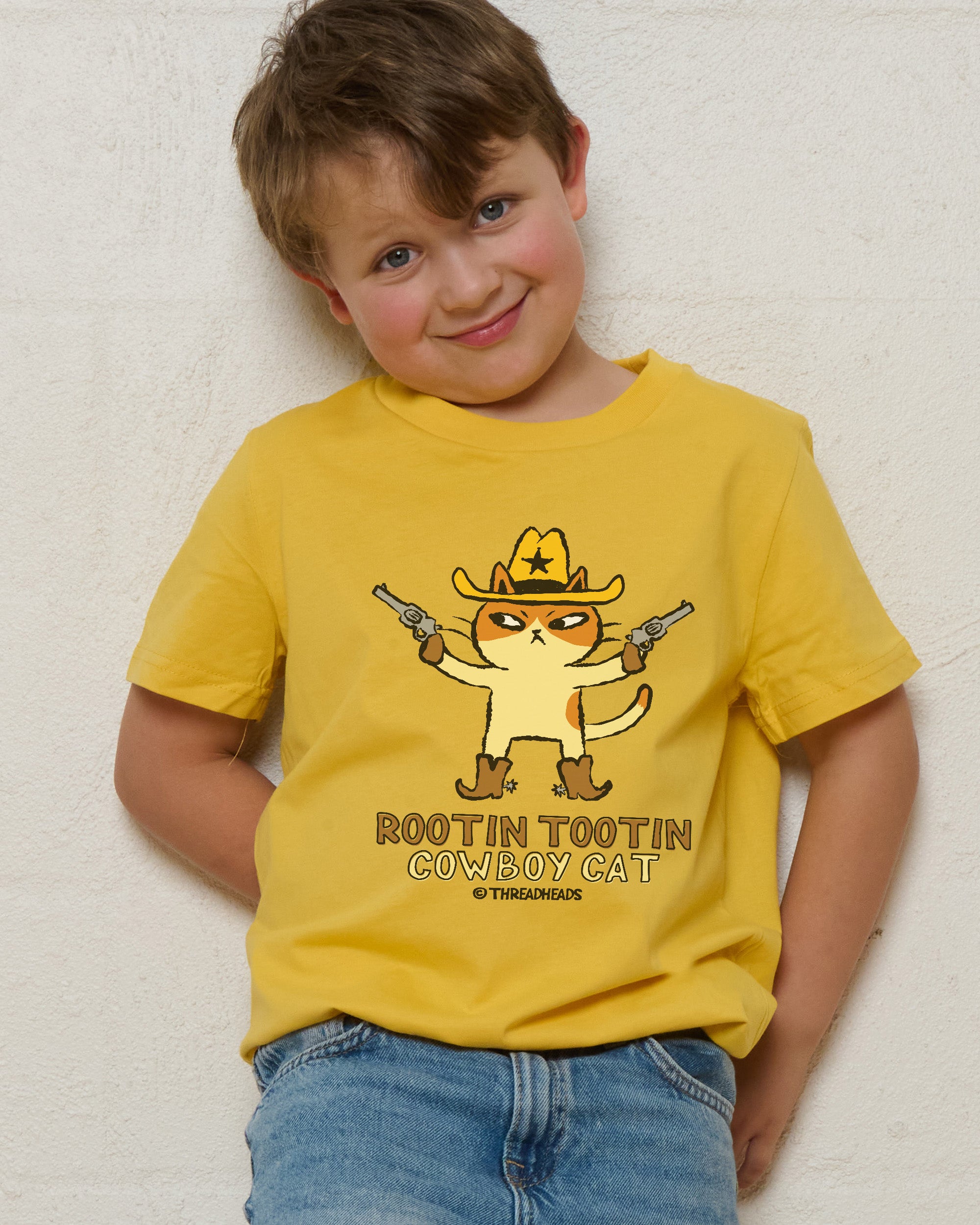 Rootin Tootin Cowboy Cat Yellow Kids T-Shirt