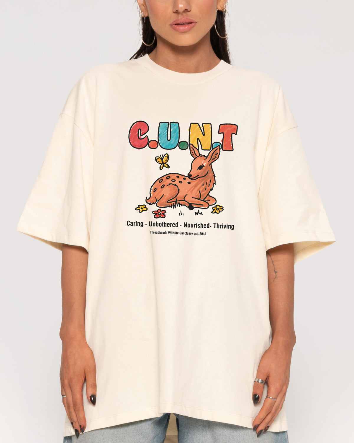 Caring Unbothered Nourished Thriving Natural Oversized Tee